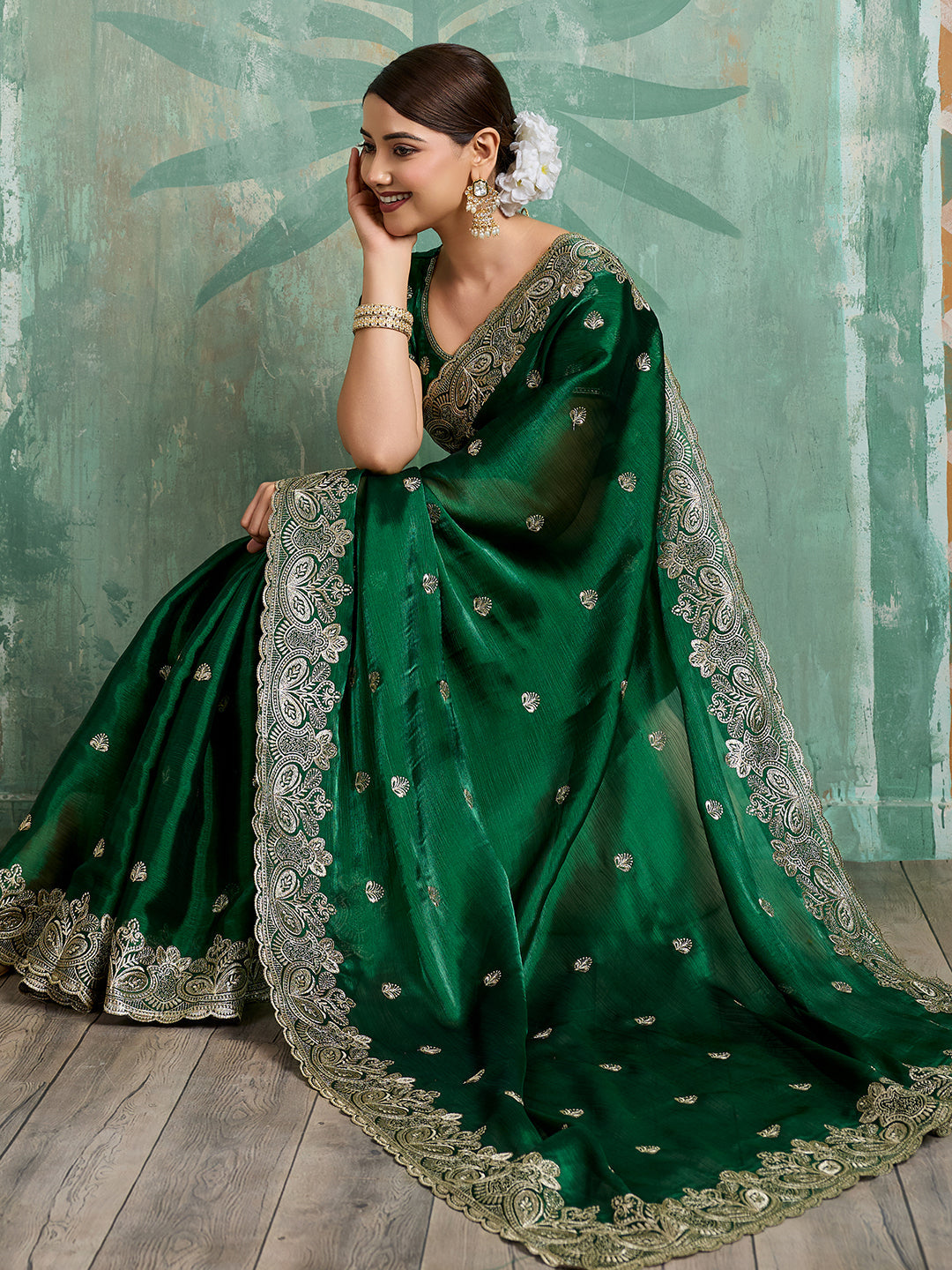 Dwija Fashion Green Party Wear Embroidered Jimmy Choo Organza Saree With Unstitched Blouse