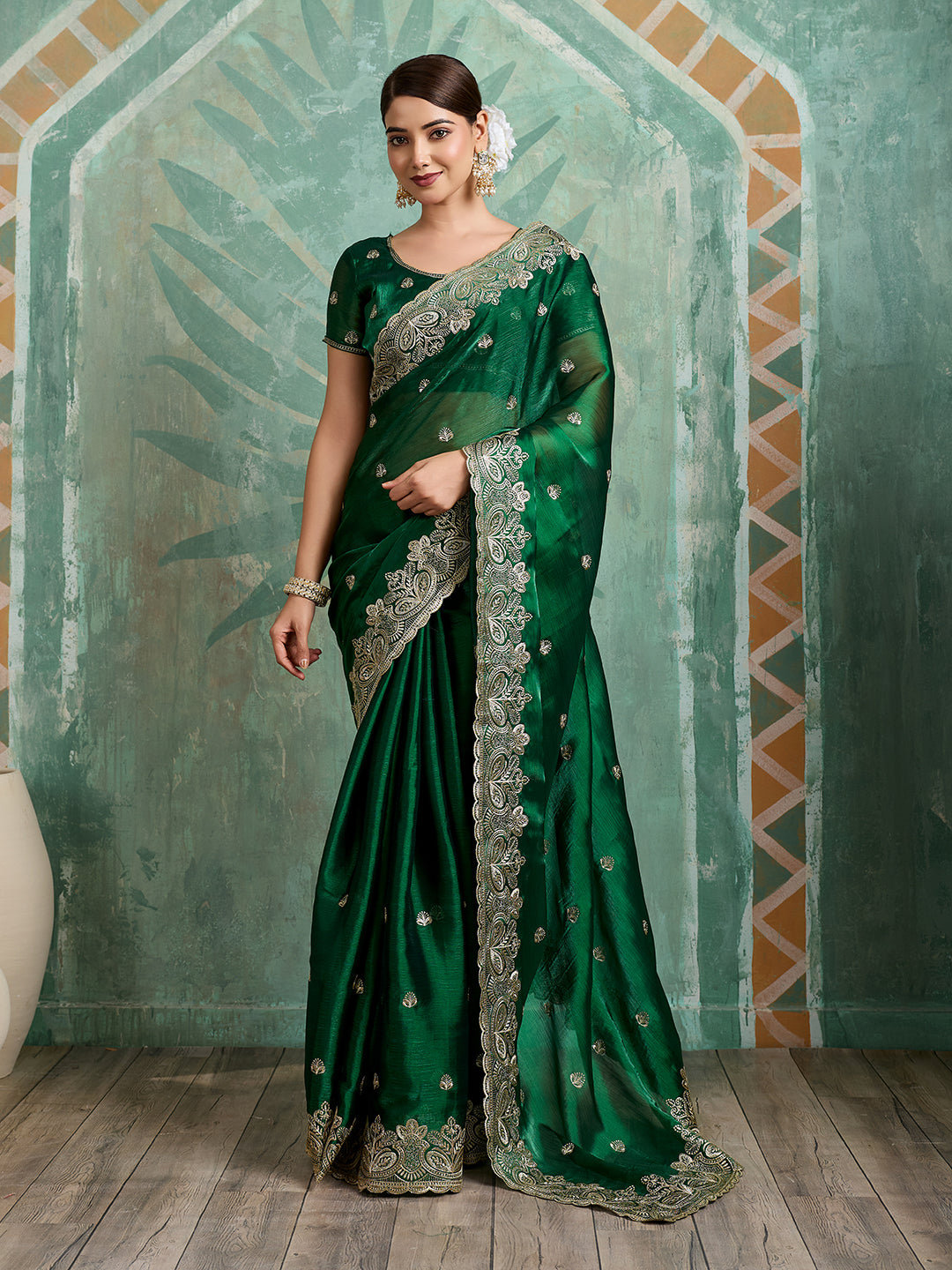 Dwija Fashion Green Party Wear Embroidered Jimmy Choo Organza Saree With Unstitched Blouse
