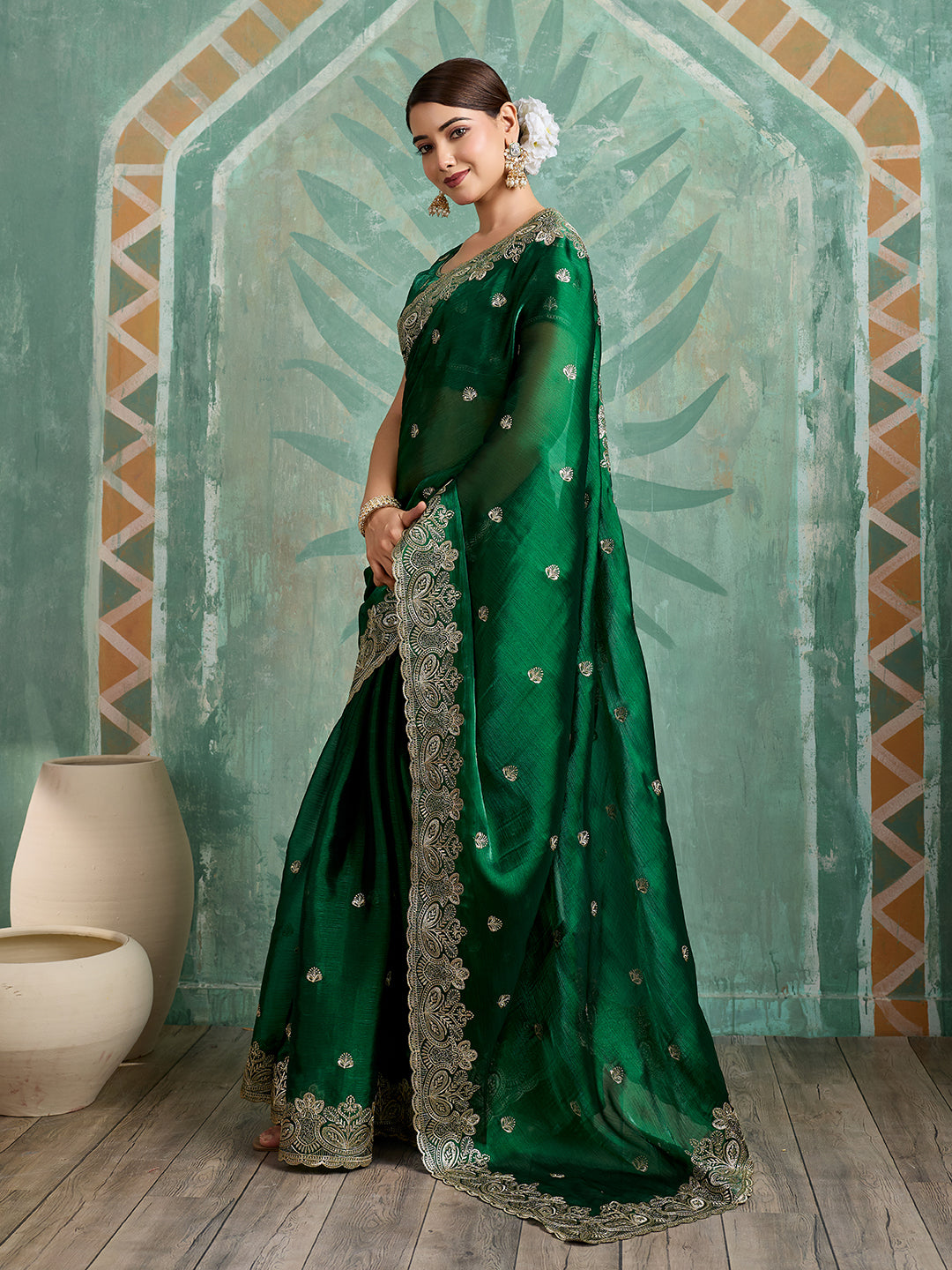 Dwija Fashion Green Party Wear Embroidered Jimmy Choo Organza Saree With Unstitched Blouse