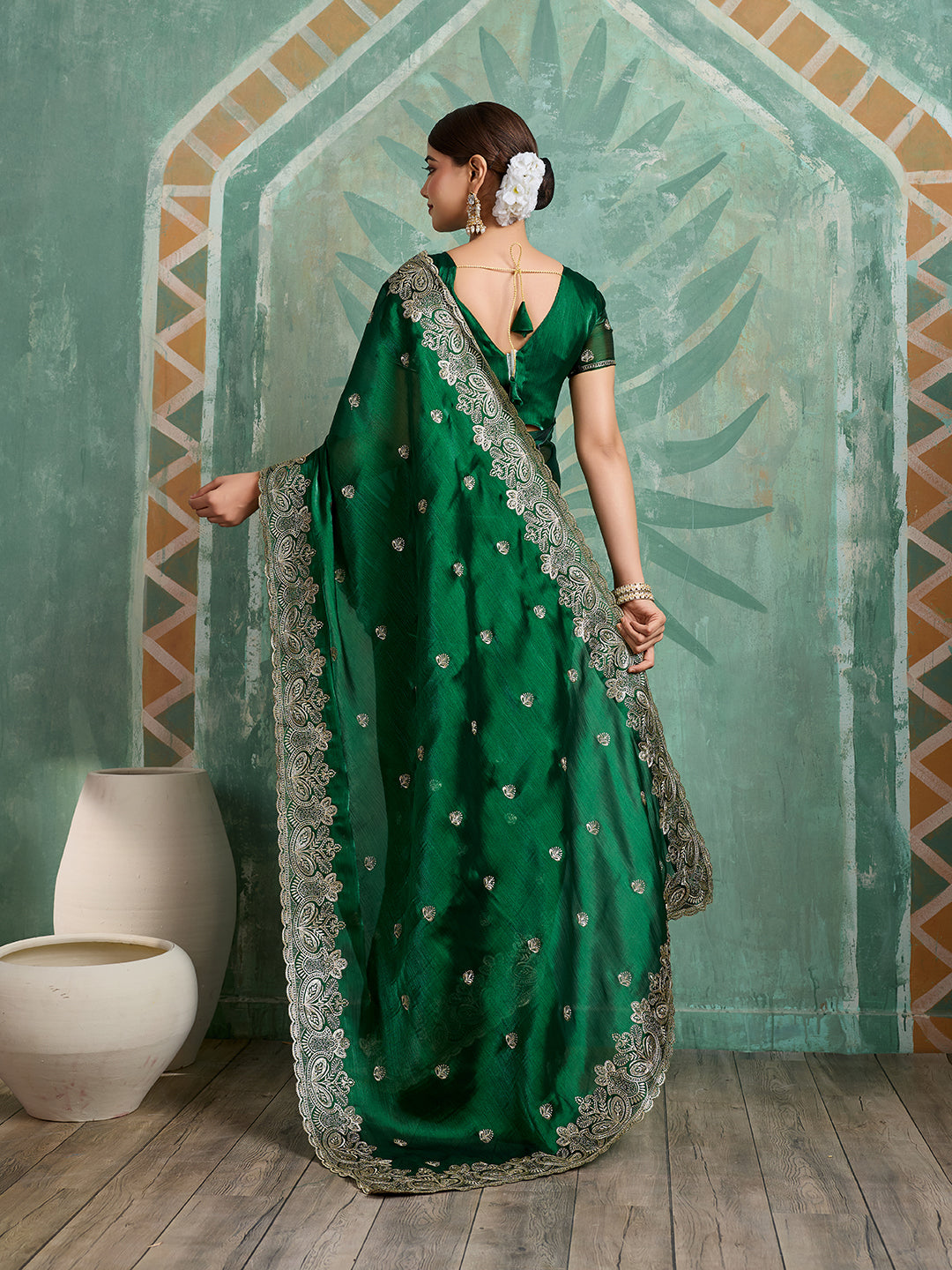 Dwija Fashion Green Party Wear Embroidered Jimmy Choo Organza Saree With Unstitched Blouse