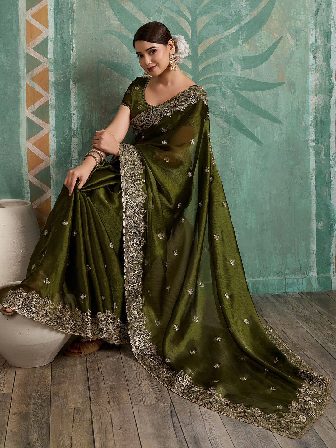 Dwija Fashion Green Party Wear Embroidered Jimmy Choo Organza Saree With Unstitched Blouse