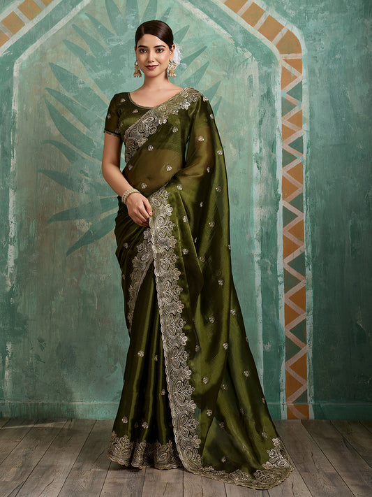 Dwija Fashion Green Party Wear Embroidered Jimmy Choo Organza Saree With Unstitched Blouse