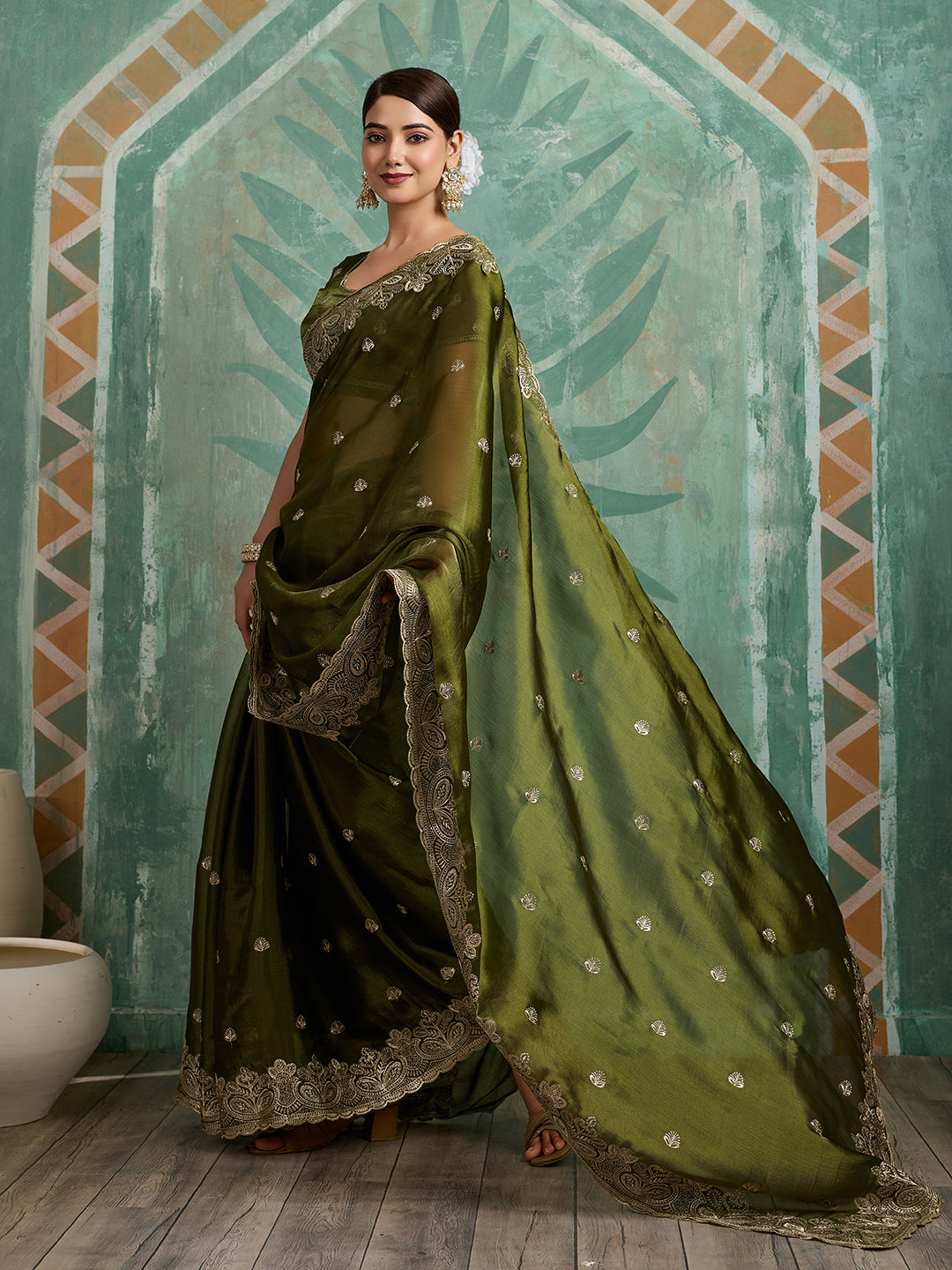 Dwija Fashion Green Party Wear Embroidered Jimmy Choo Organza Saree With Unstitched Blouse