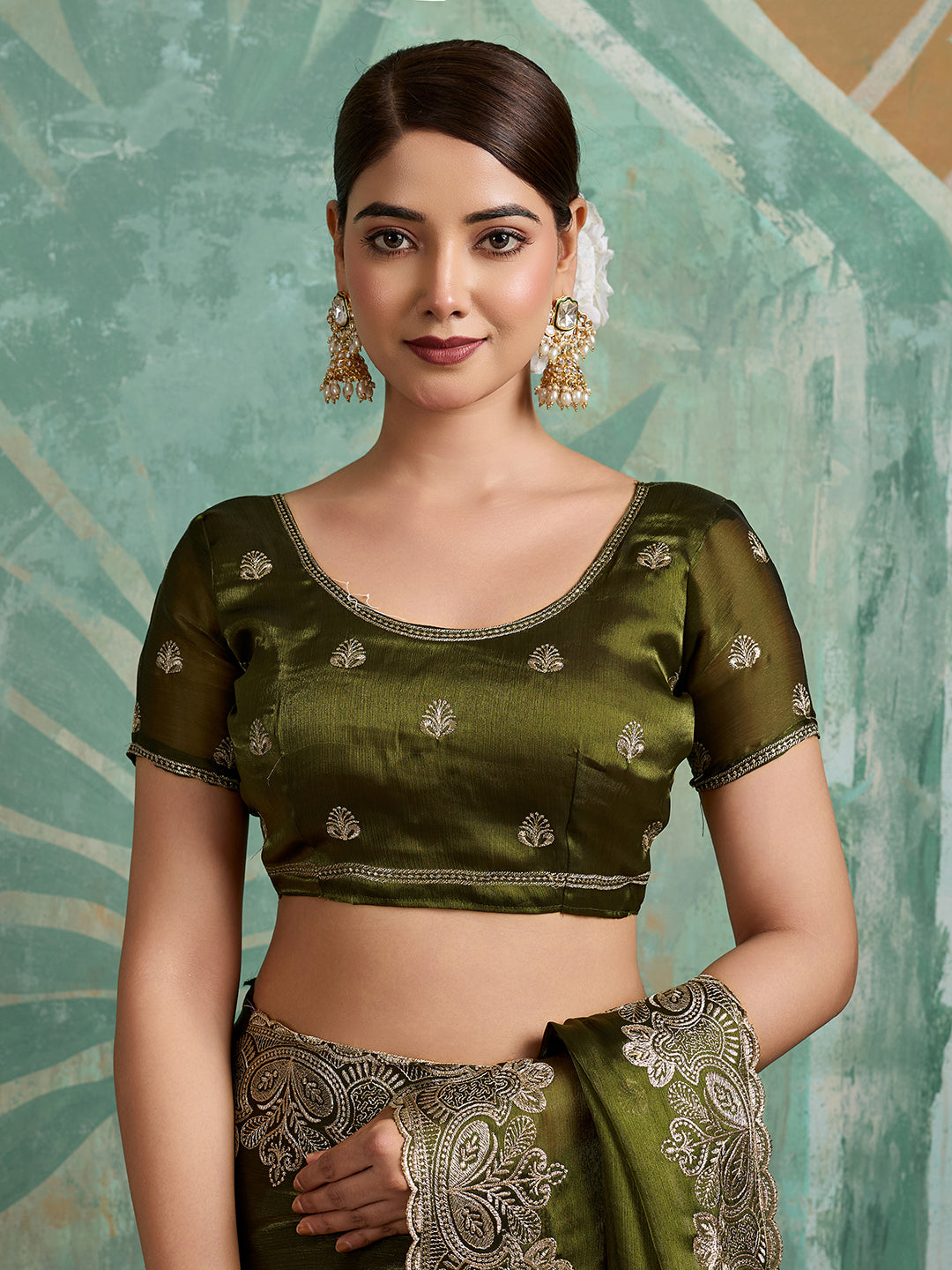 Dwija Fashion Green Party Wear Embroidered Jimmy Choo Organza Saree With Unstitched Blouse