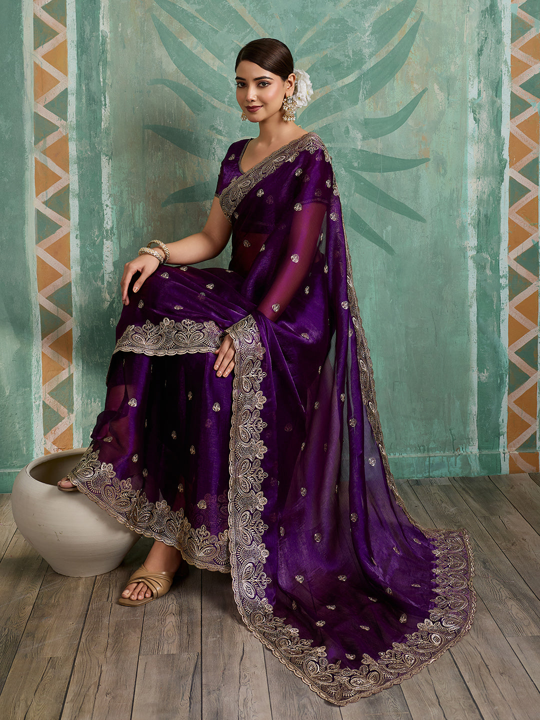 Dwija Fashion Purple Party Wear Embroidered Jimmy Choo Organza Saree With Unstitched Blouse
