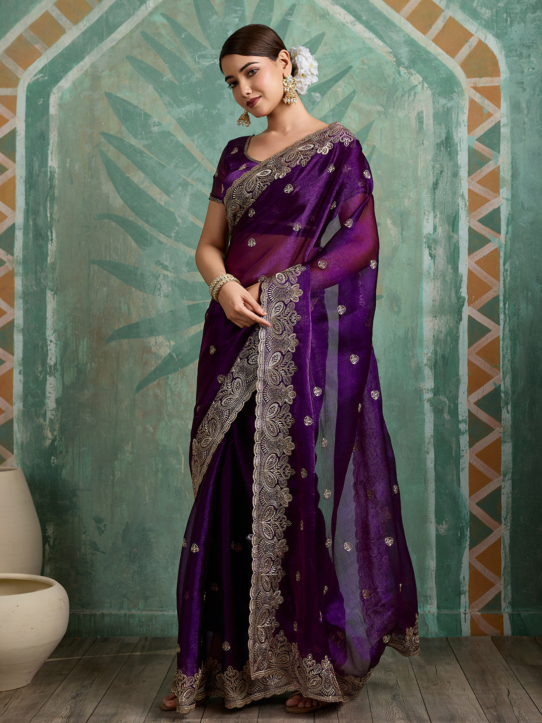 Dwija Fashion Purple Party Wear Embroidered Jimmy Choo Organza Saree With Unstitched Blouse