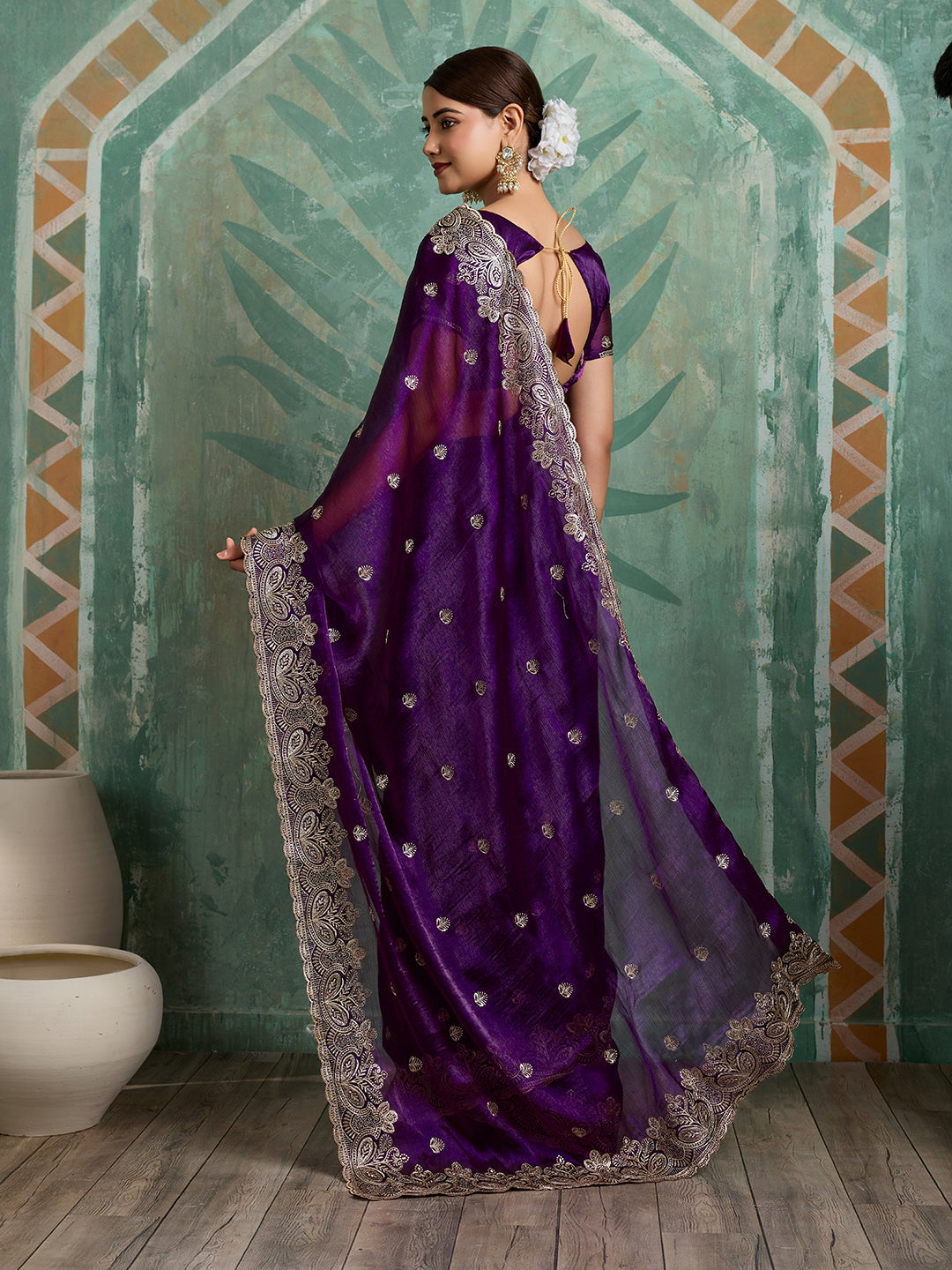 Dwija Fashion Purple Party Wear Embroidered Jimmy Choo Organza Saree With Unstitched Blouse