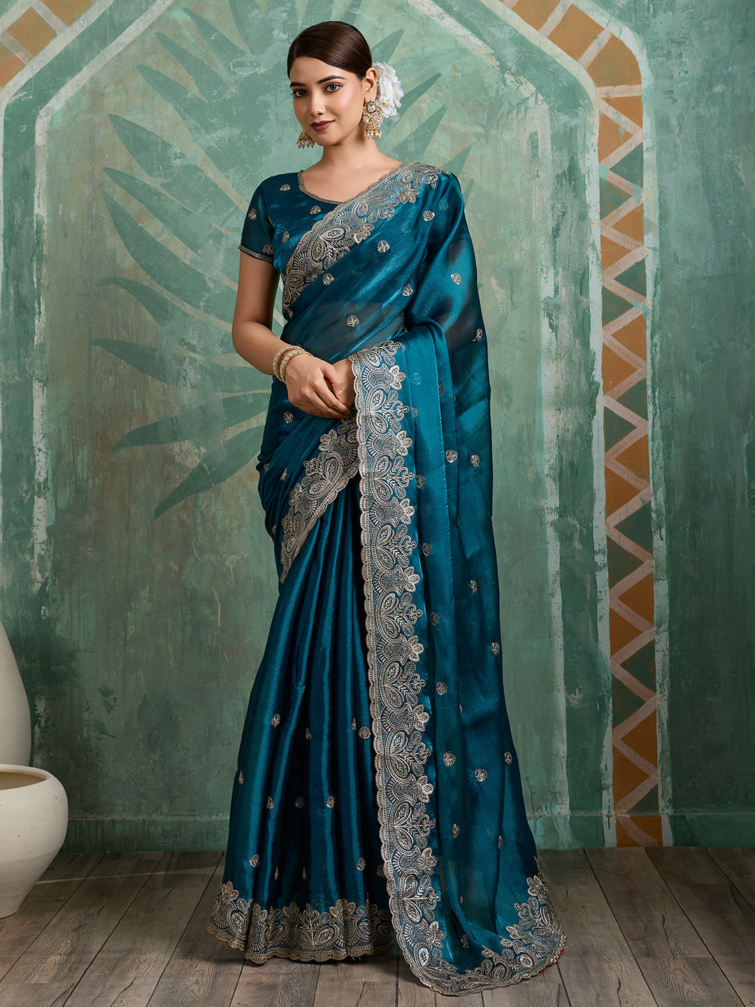 Dwija Fashion Teal Blue Party Wear Embroidered Jimmy Choo Organza Saree With Unstitched Blouse