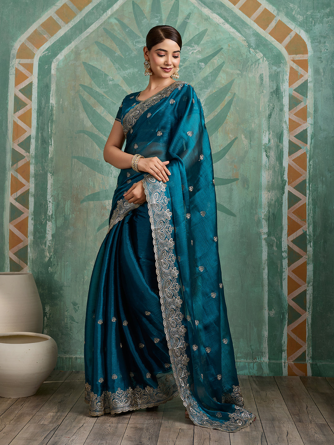 Dwija Fashion Teal Blue Party Wear Embroidered Jimmy Choo Organza Saree With Unstitched Blouse