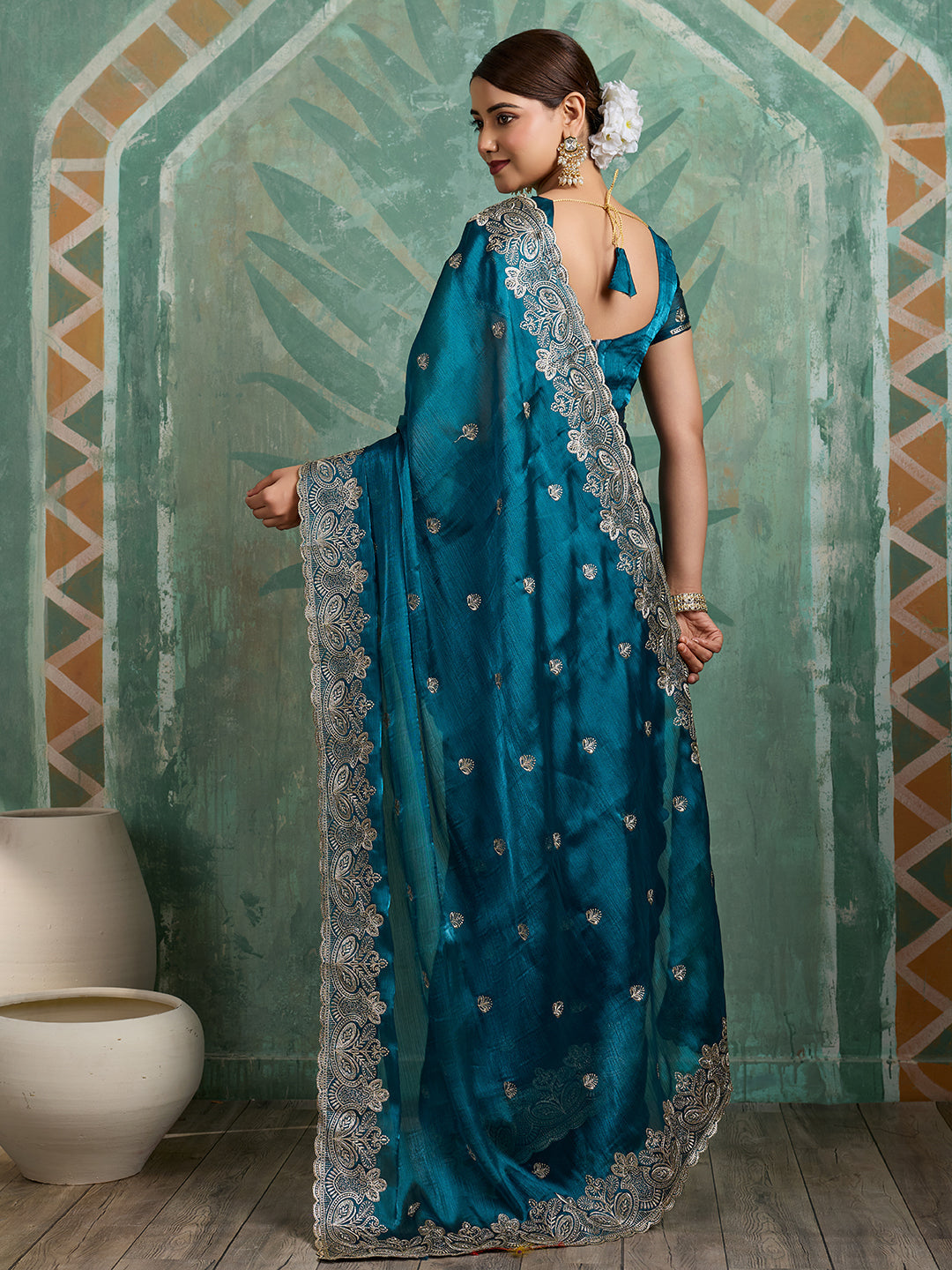 Dwija Fashion Teal Blue Party Wear Embroidered Jimmy Choo Organza Saree With Unstitched Blouse