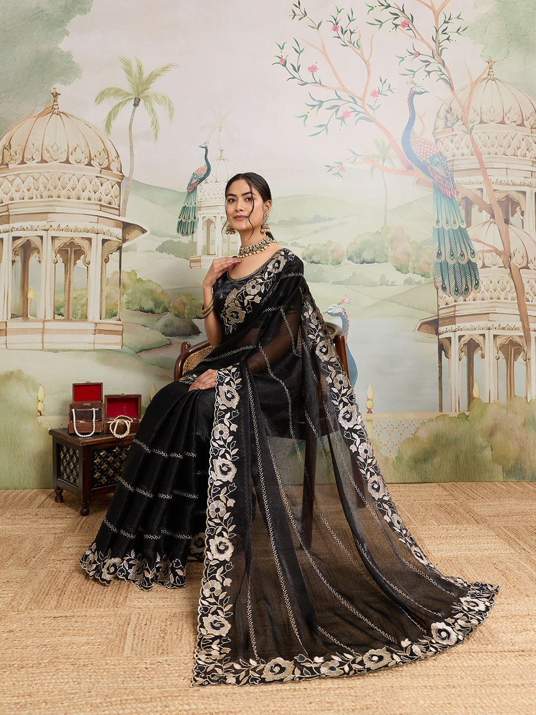 Dwija Fashion Black Party Wear Embroidered Jimmy Choo Organza Saree With Unstitched Blouse