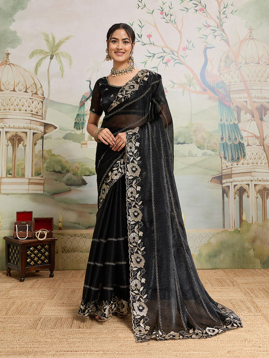 Dwija Fashion Black Party Wear Embroidered Jimmy Choo Organza Saree With Unstitched Blouse