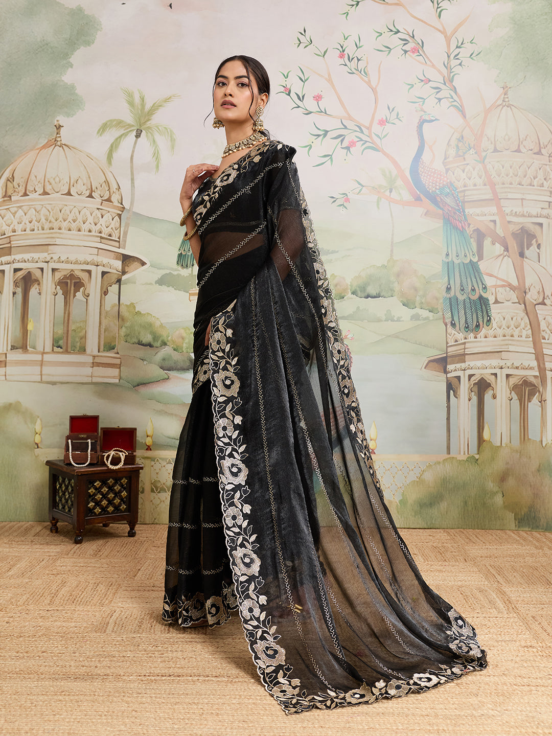 Dwija Fashion Black Party Wear Embroidered Jimmy Choo Organza Saree With Unstitched Blouse