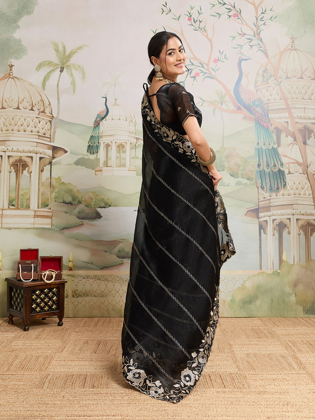 Dwija Fashion Black Party Wear Embroidered Jimmy Choo Organza Saree With Unstitched Blouse