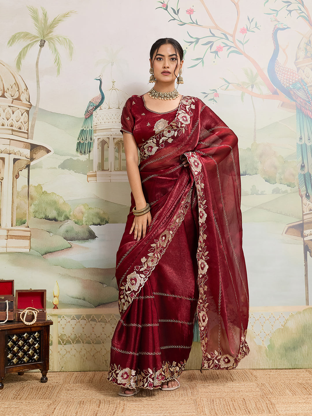 Dwija Fashion Maroon Party Wear Embroidered Jimmy Choo Organza Saree With Unstitched Blouse