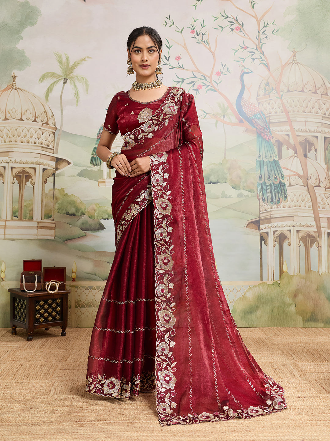 Dwija Fashion Maroon Party Wear Embroidered Jimmy Choo Organza Saree With Unstitched Blouse