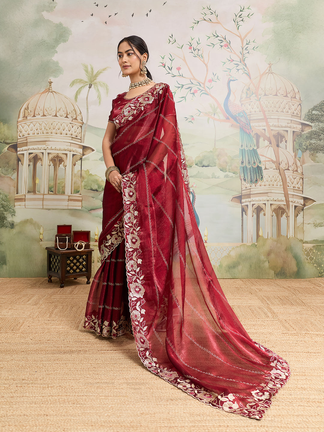 Dwija Fashion Maroon Party Wear Embroidered Jimmy Choo Organza Saree With Unstitched Blouse
