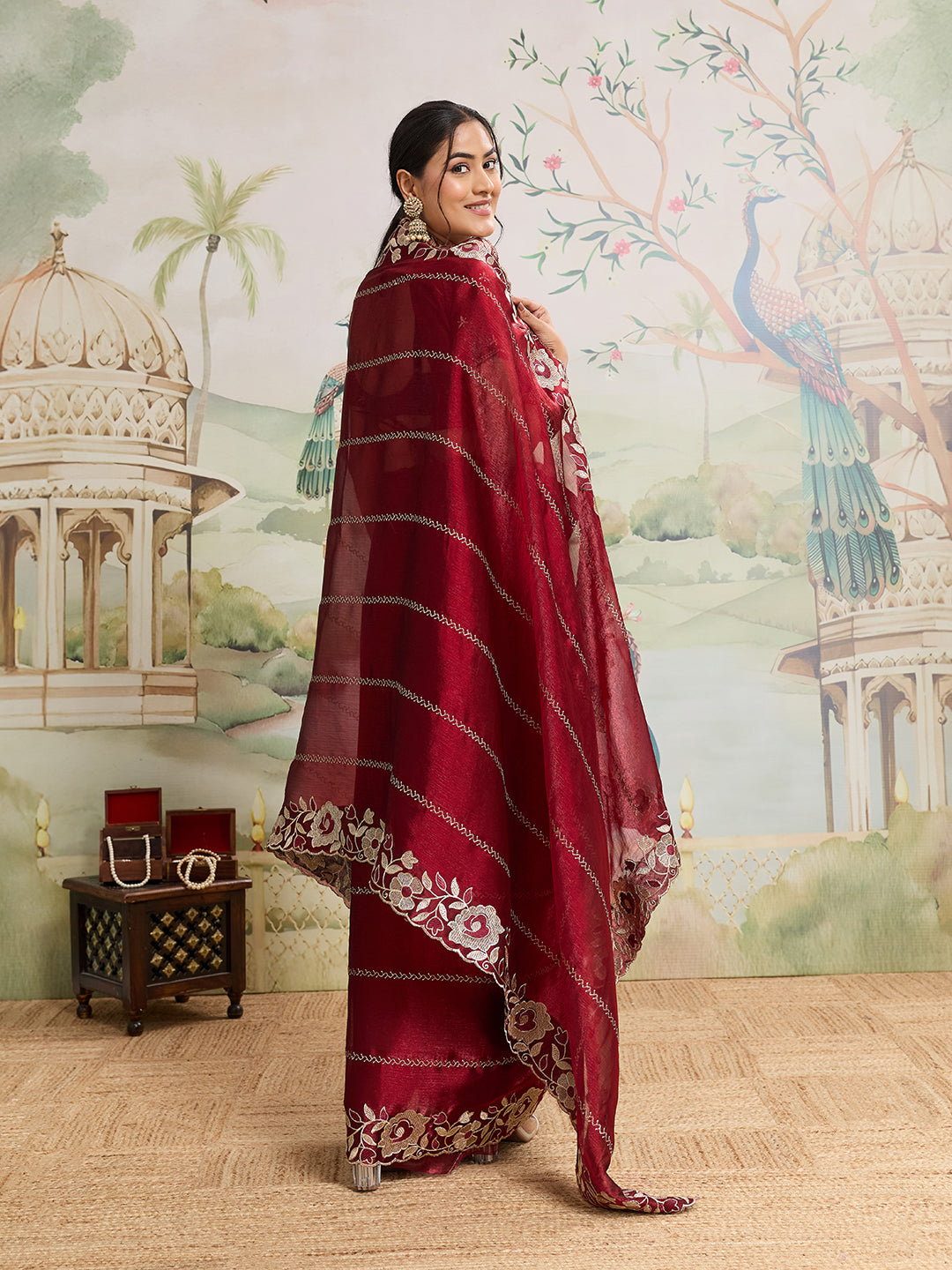 Dwija Fashion Maroon Party Wear Embroidered Jimmy Choo Organza Saree With Unstitched Blouse