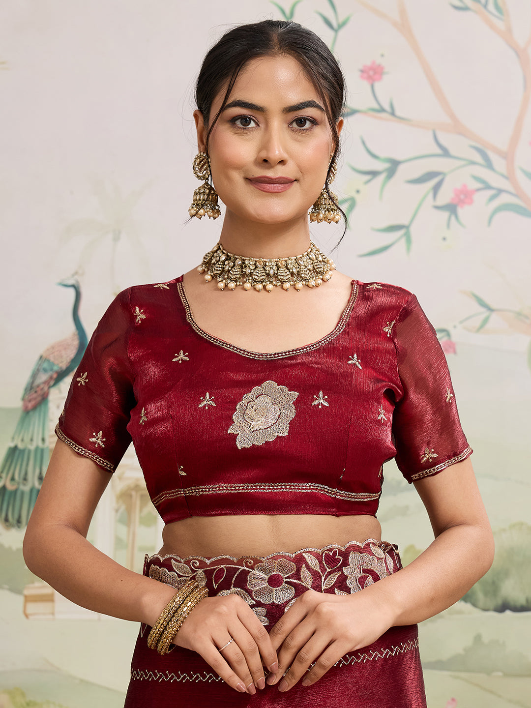 Dwija Fashion Maroon Party Wear Embroidered Jimmy Choo Organza Saree With Unstitched Blouse