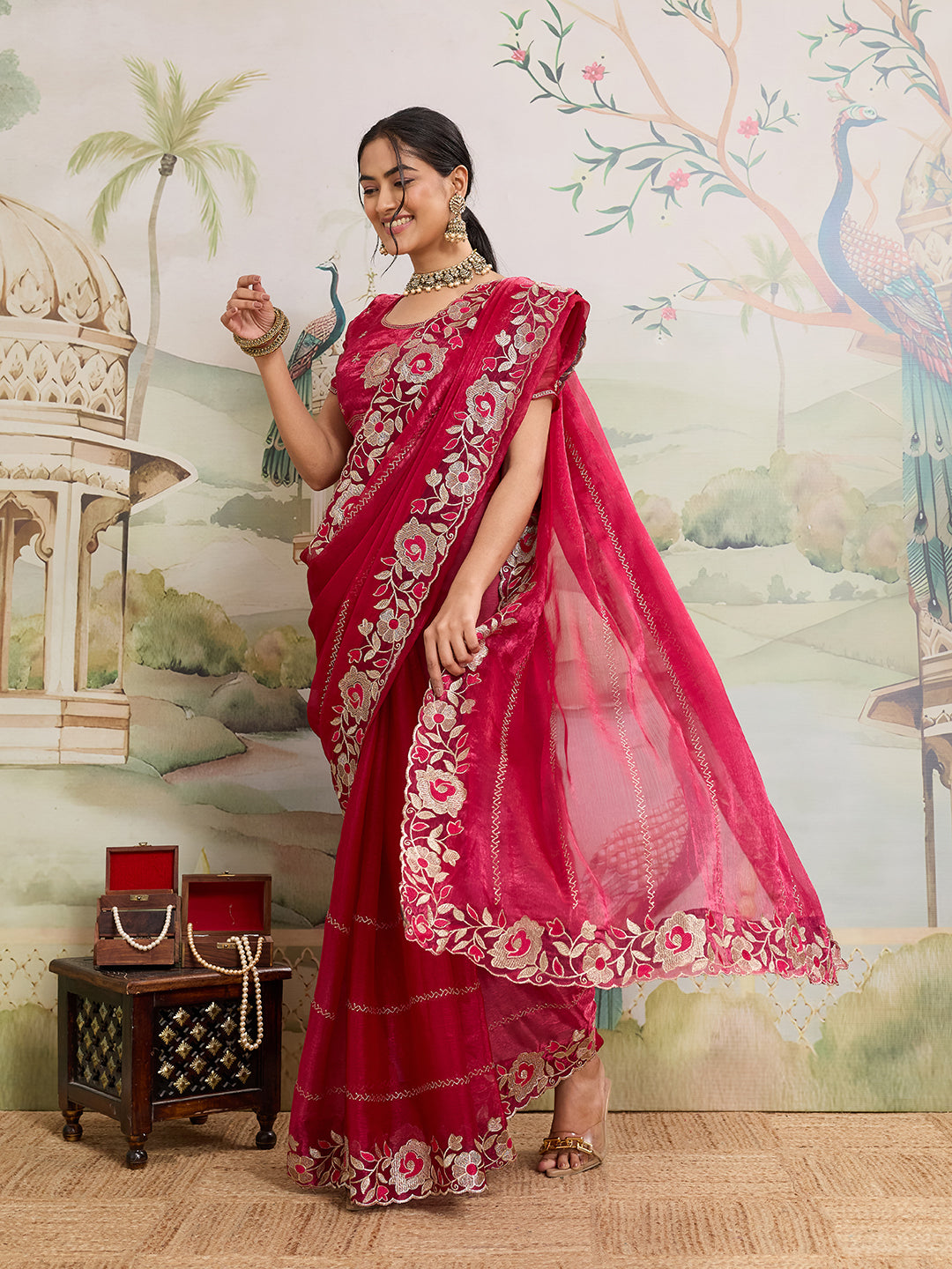 Dwija Fashion Pink Party Wear Embroidered Jimmy Choo Organza Saree With Unstitched Blouse