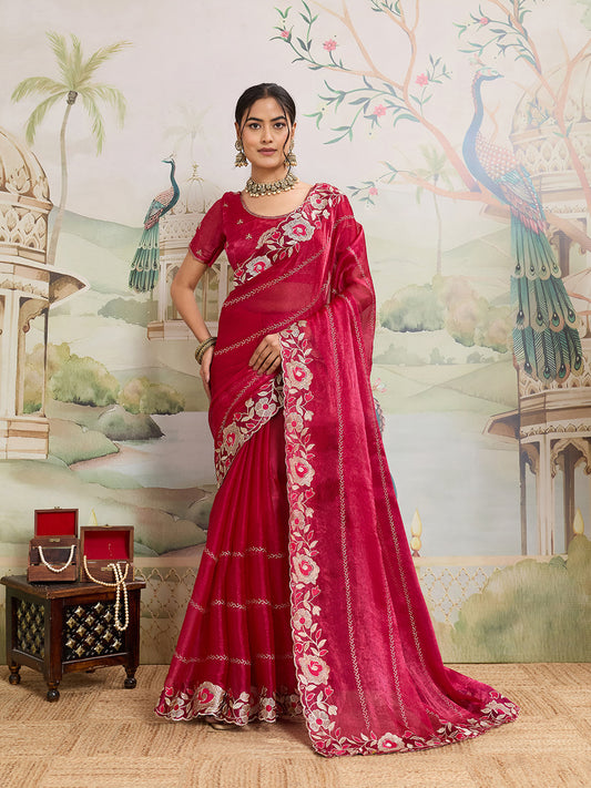 Dwija Fashion Pink Party Wear Embroidered Jimmy Choo Organza Saree With Unstitched Blouse