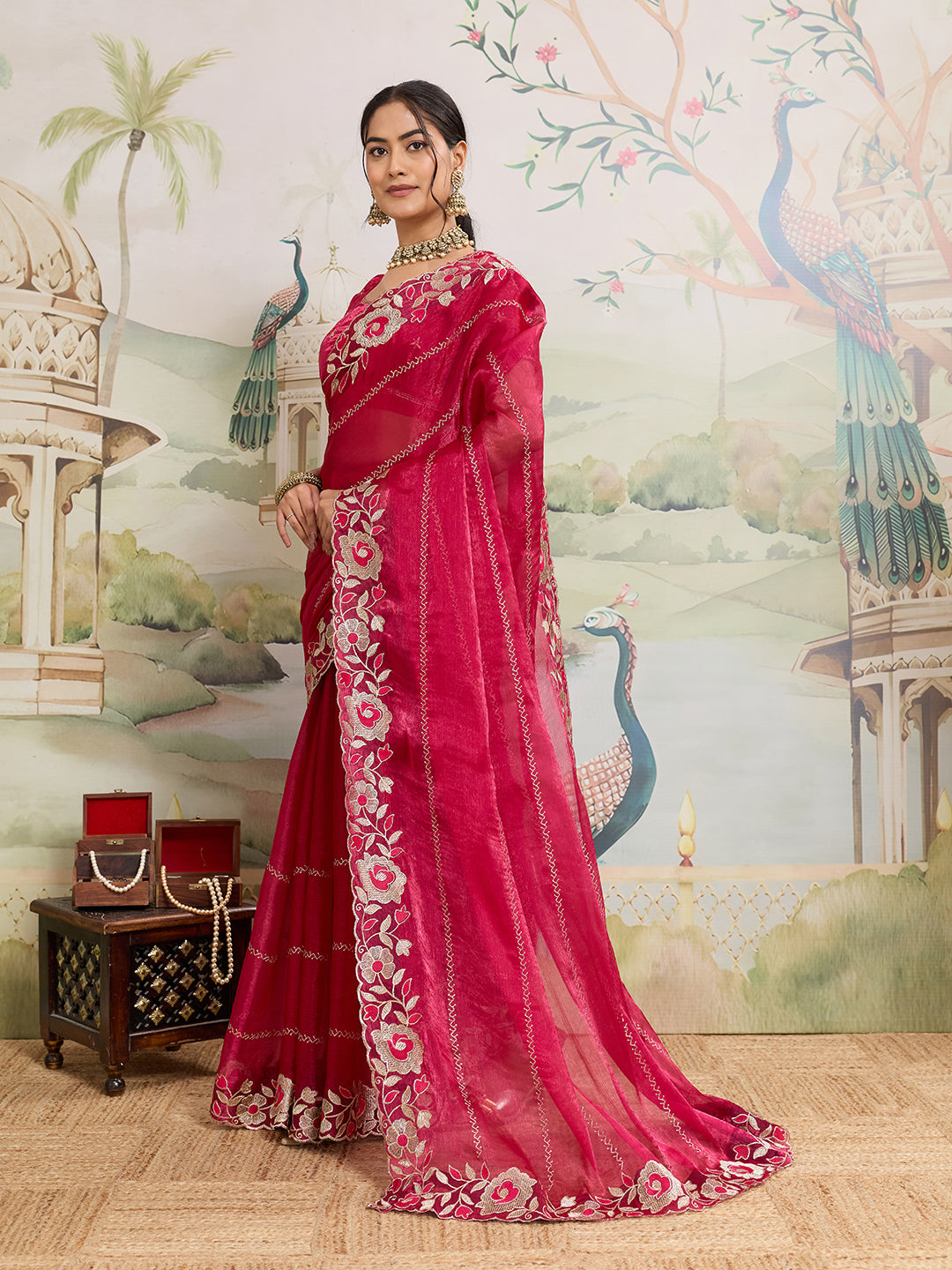 Dwija Fashion Pink Party Wear Embroidered Jimmy Choo Organza Saree With Unstitched Blouse