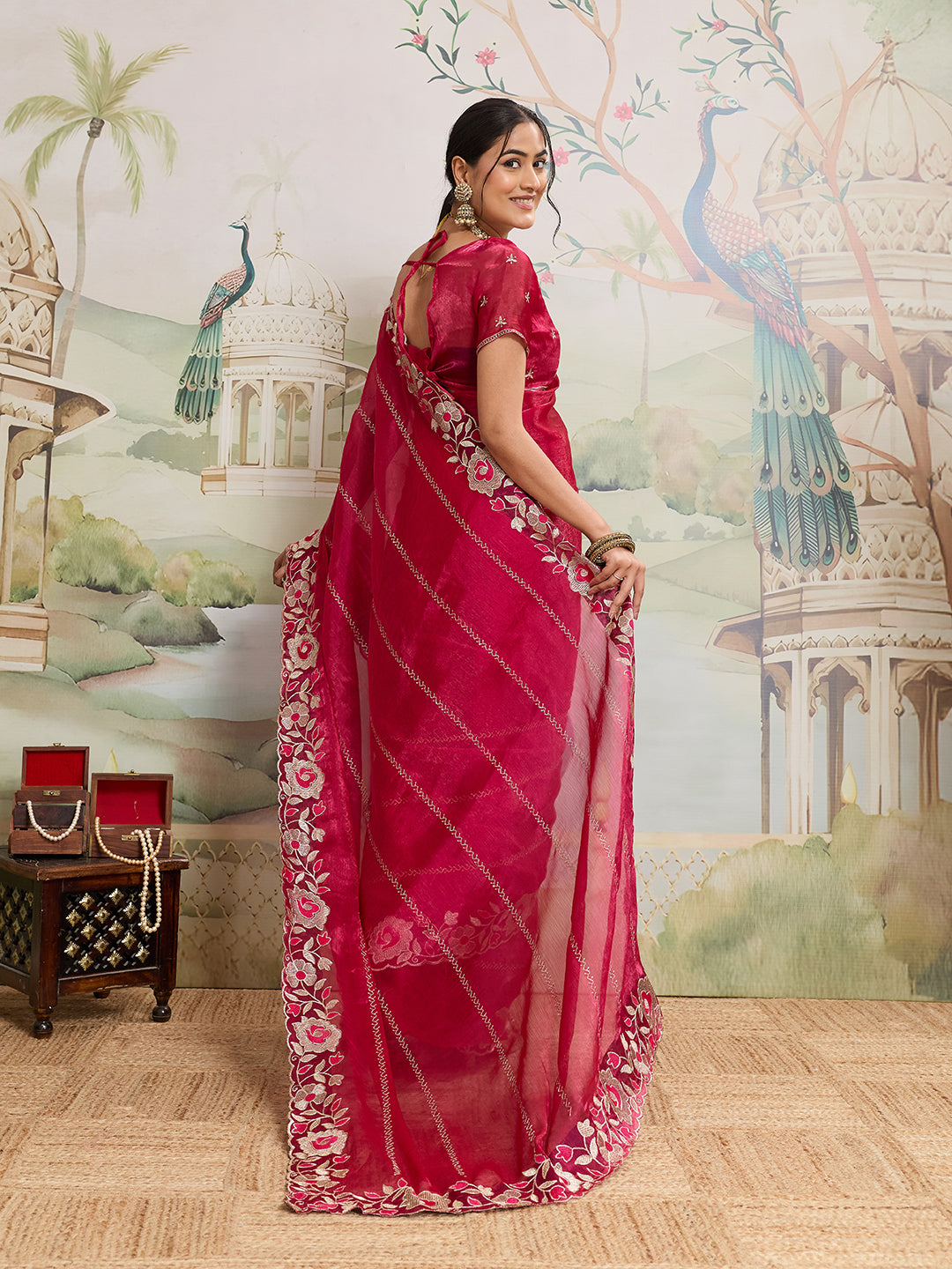 Dwija Fashion Pink Party Wear Embroidered Jimmy Choo Organza Saree With Unstitched Blouse