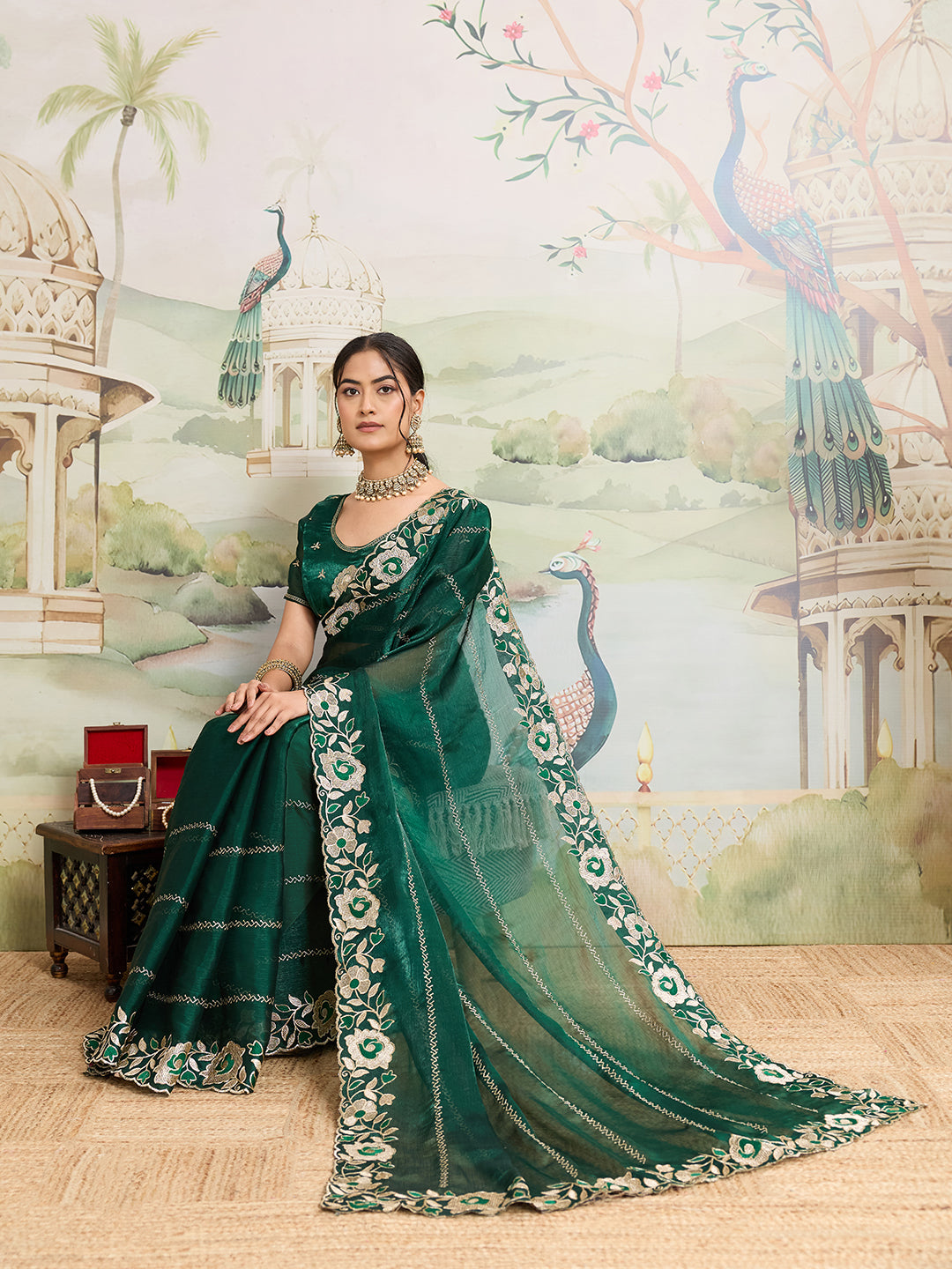 Dwija Fashion Green Party Wear Embroidered Jimmy Choo Organza Saree With Unstitched Blouse