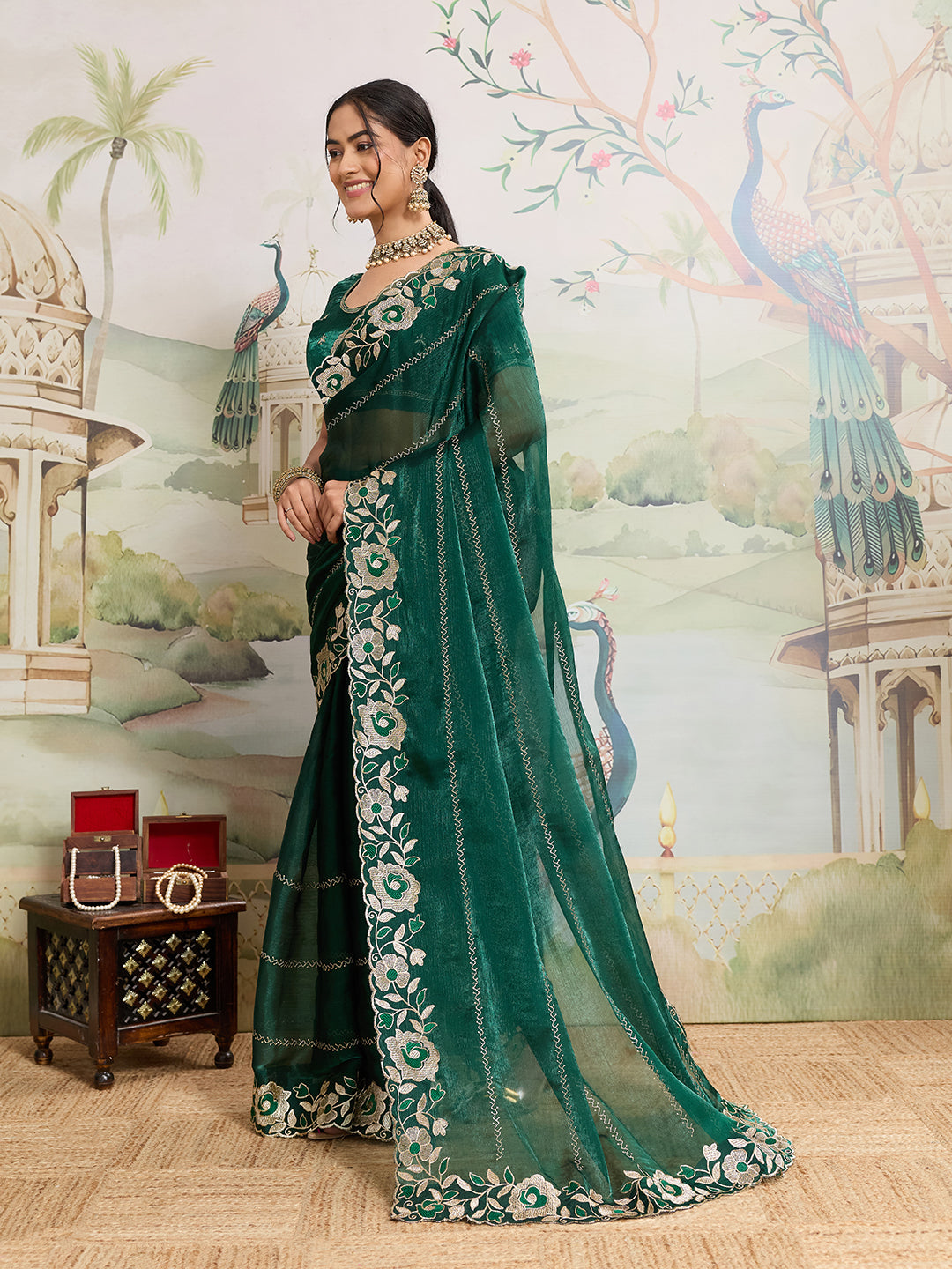 Dwija Fashion Green Party Wear Embroidered Jimmy Choo Organza Saree With Unstitched Blouse