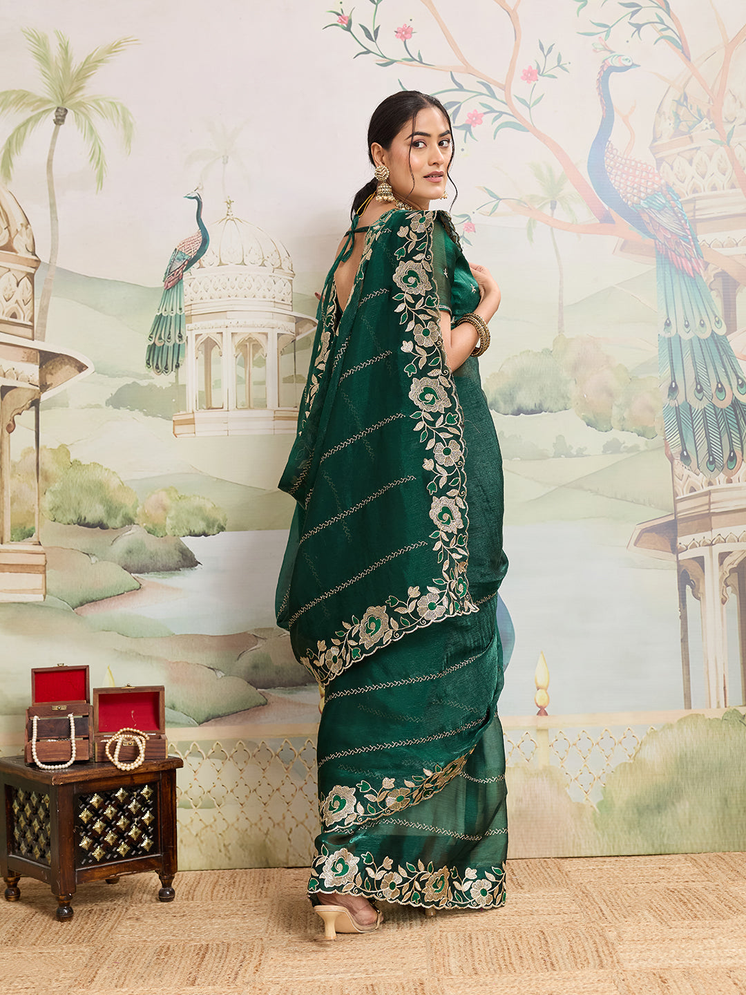 Dwija Fashion Green Party Wear Embroidered Jimmy Choo Organza Saree With Unstitched Blouse