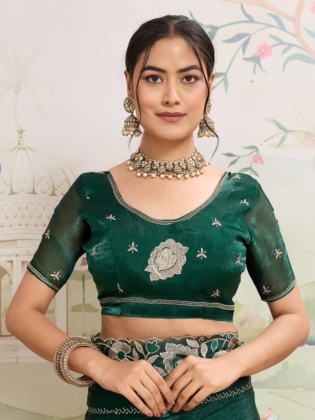 Dwija Fashion Green Party Wear Embroidered Jimmy Choo Organza Saree With Unstitched Blouse