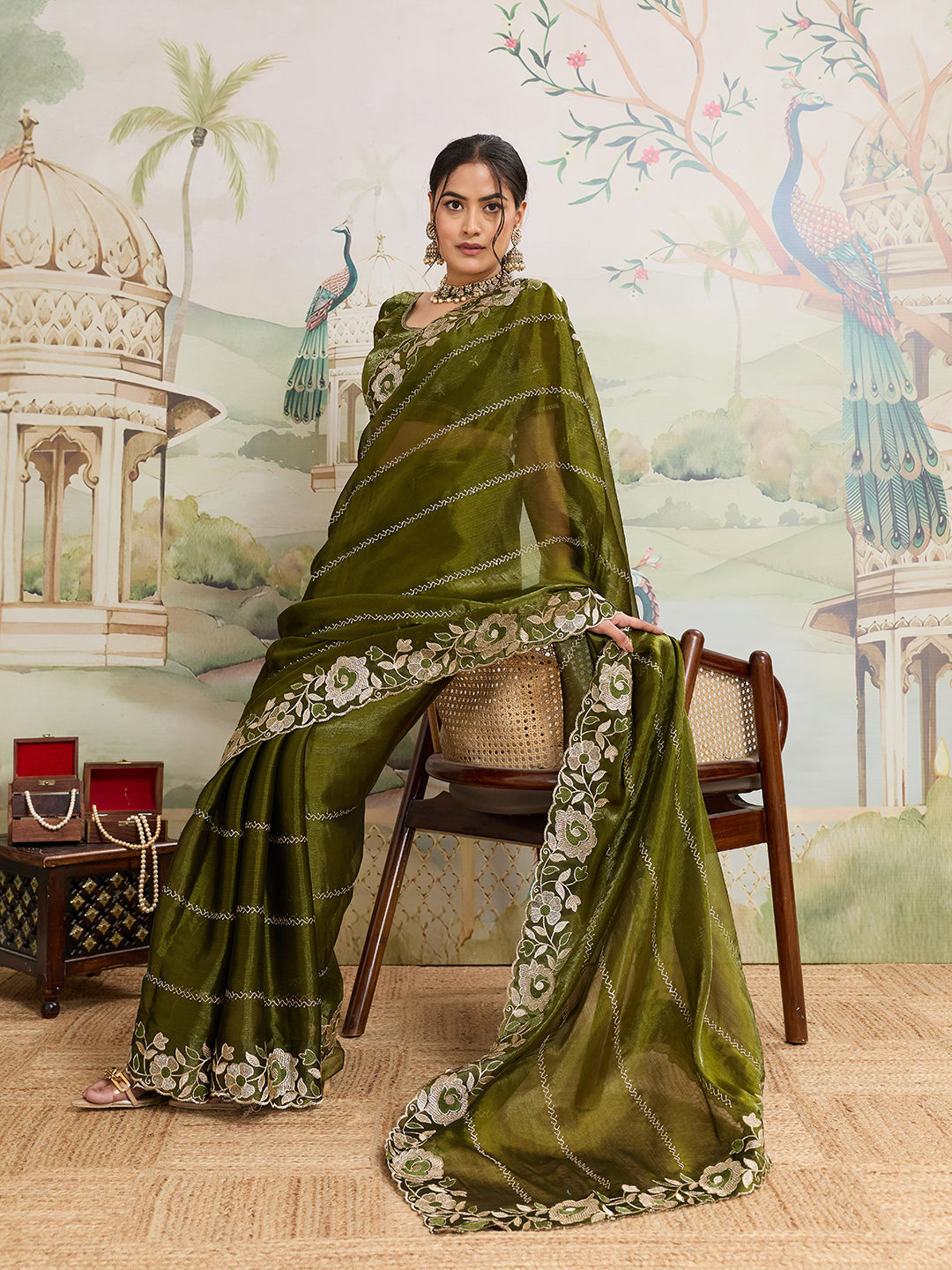 Dwija Fashion Green Party Wear Embroidered Jimmy Choo Organza Saree With Unstitched Blouse