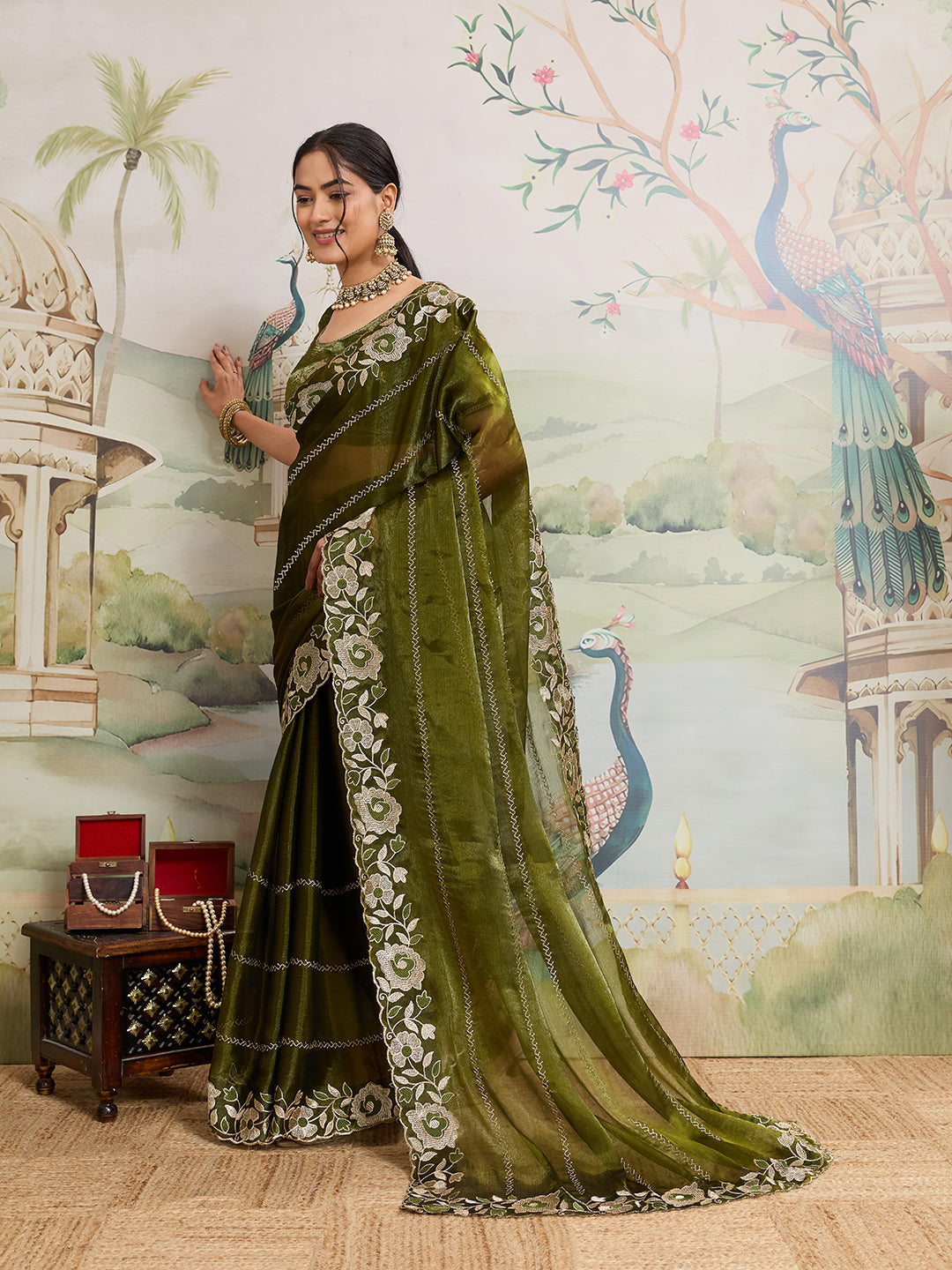 Dwija Fashion Green Party Wear Embroidered Jimmy Choo Organza Saree With Unstitched Blouse