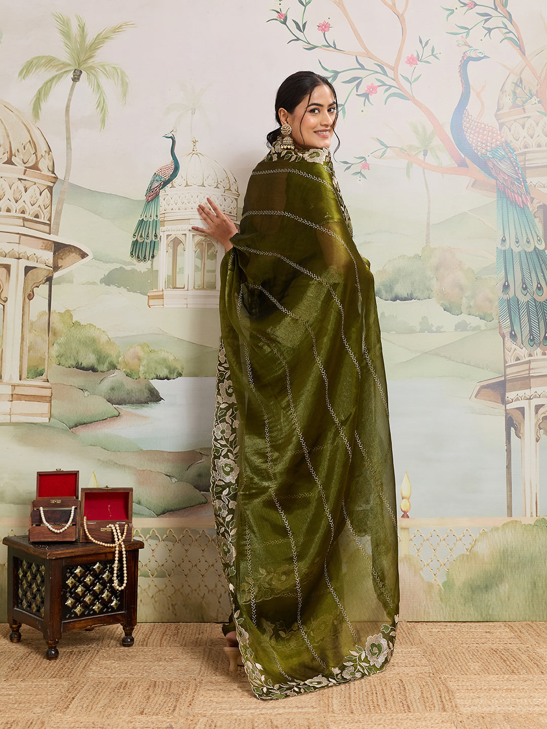 Dwija Fashion Green Party Wear Embroidered Jimmy Choo Organza Saree With Unstitched Blouse