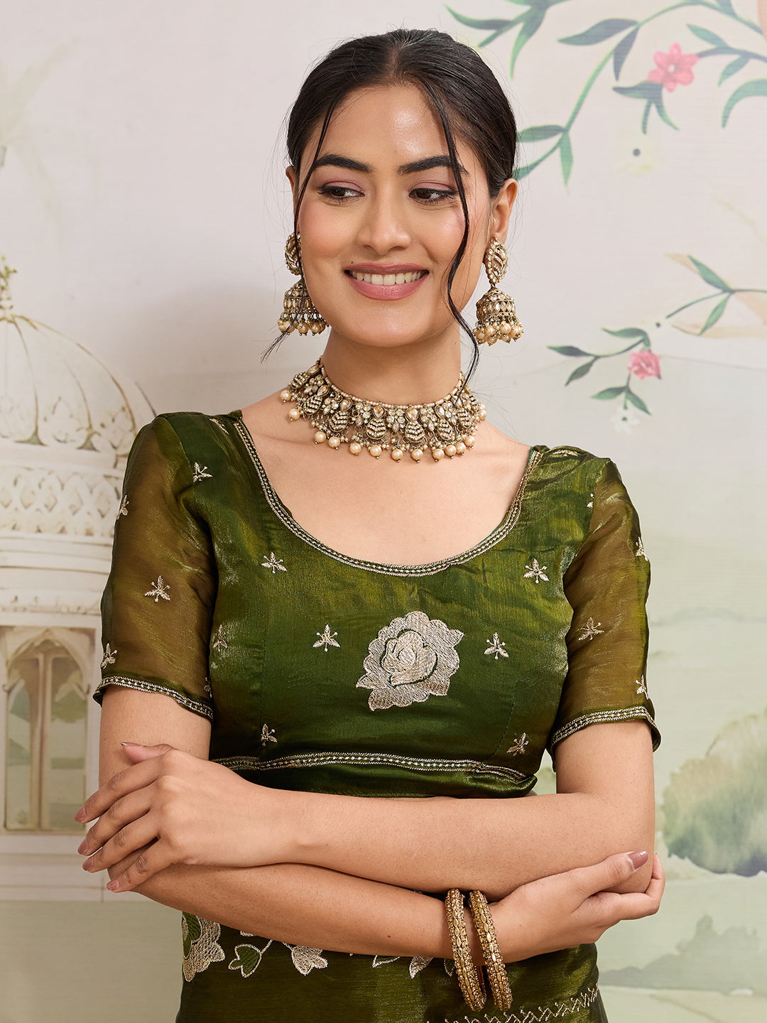 Dwija Fashion Green Party Wear Embroidered Jimmy Choo Organza Saree With Unstitched Blouse