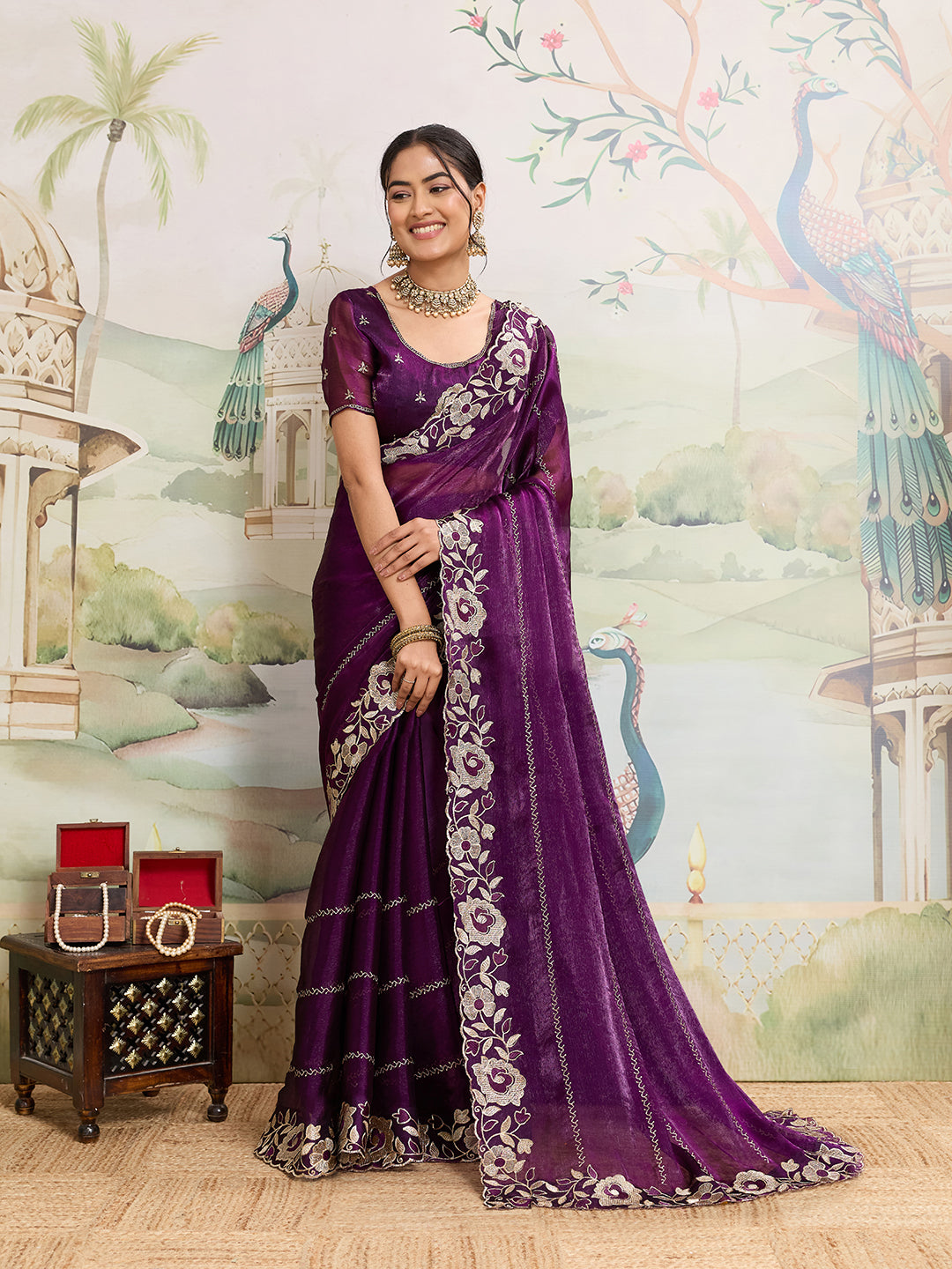 Dwija Fashion Purple Party Wear Embroidered Jimmy Choo Organza Saree With Unstitched Blouse
