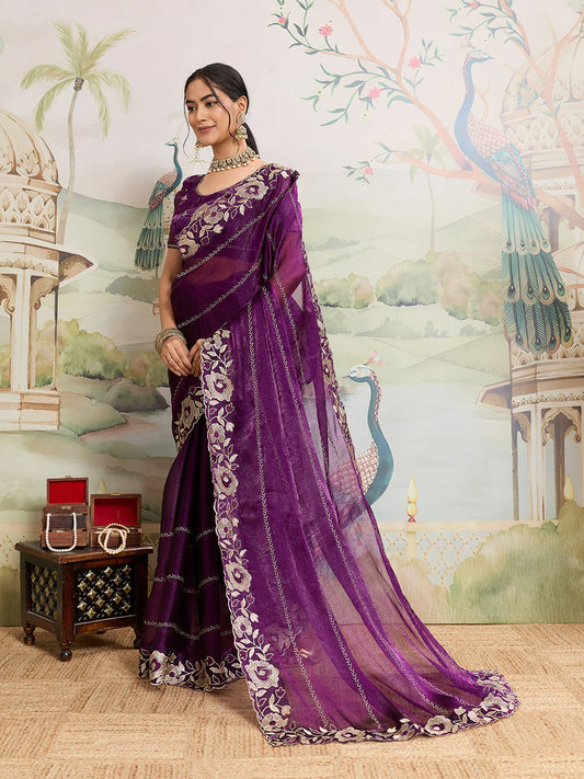 Dwija Fashion Purple Party Wear Embroidered Jimmy Choo Organza Saree With Unstitched Blouse
