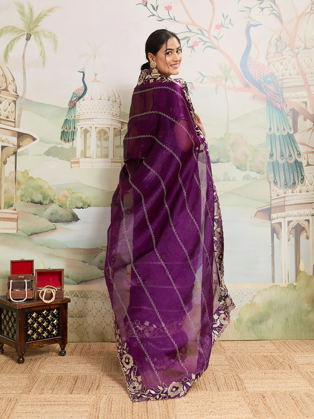 Dwija Fashion Purple Party Wear Embroidered Jimmy Choo Organza Saree With Unstitched Blouse