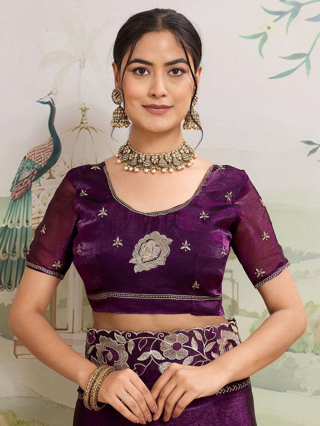 Dwija Fashion Purple Party Wear Embroidered Jimmy Choo Organza Saree With Unstitched Blouse