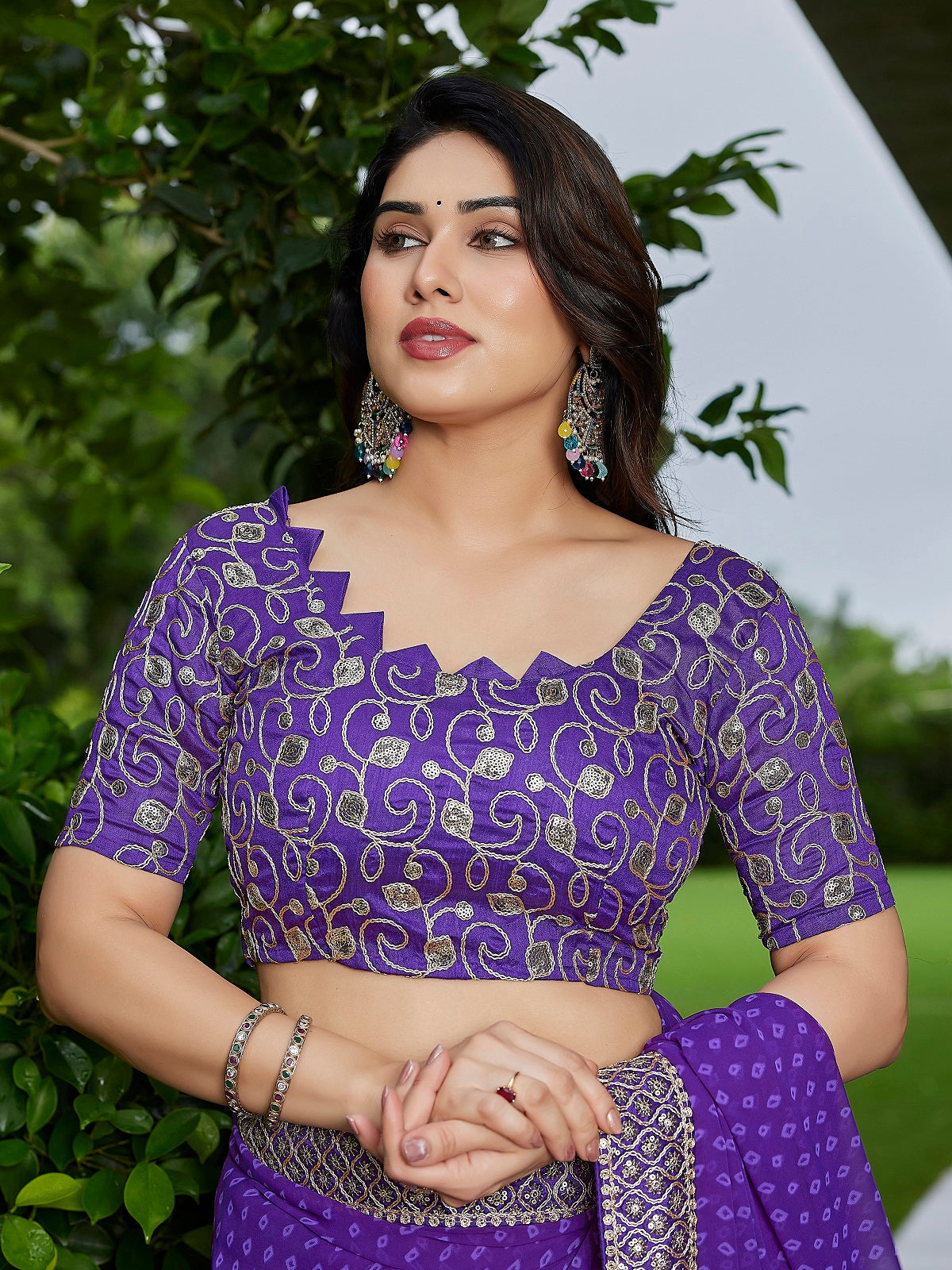 Dwija Fashion Purple Party Wear Embroidered Georgette Saree With Unstitched Blouse