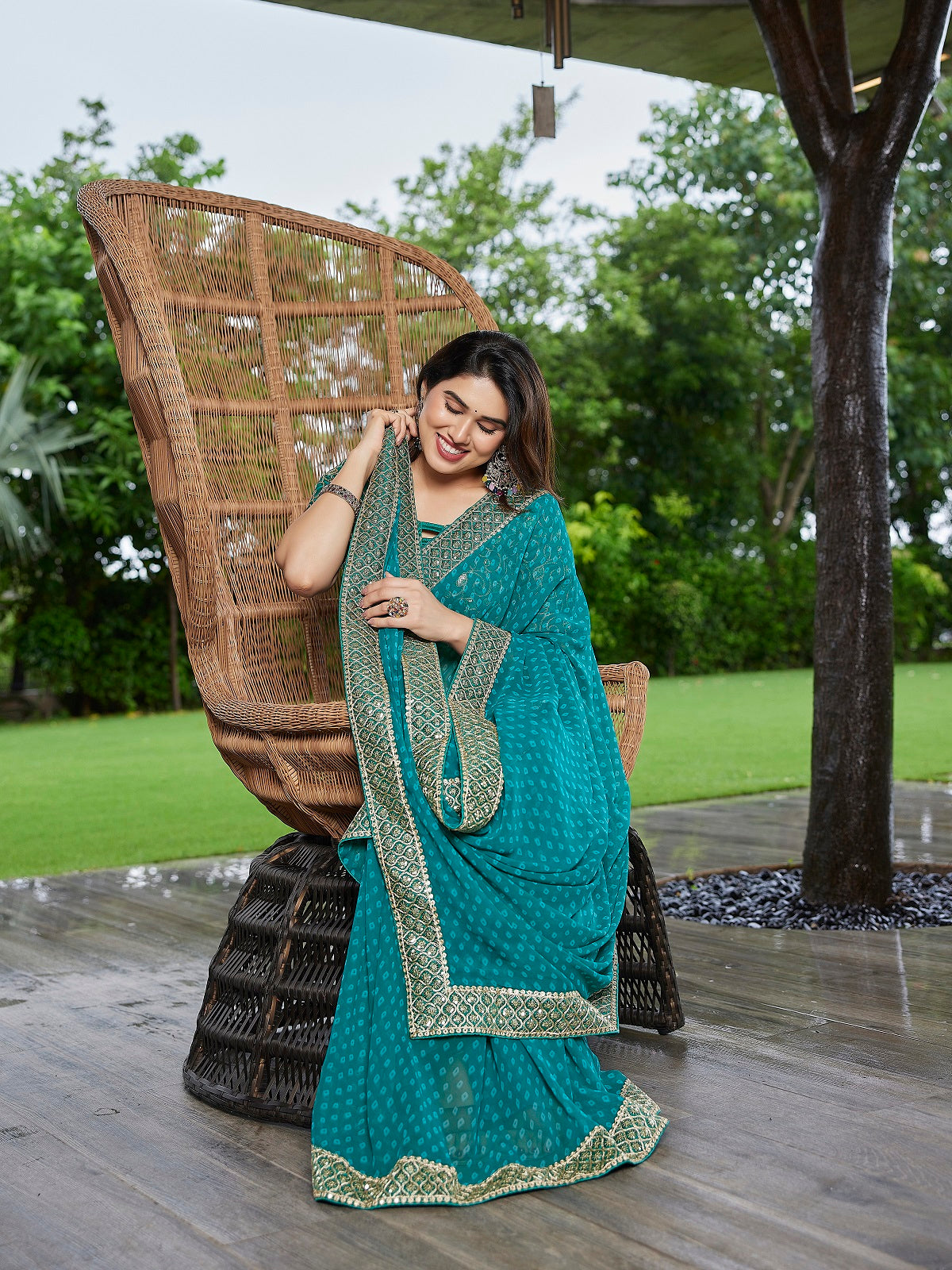 Dwija Fashion Turquoise Blue Party Wear Embroidered Georgette Saree With Unstitched Blouse