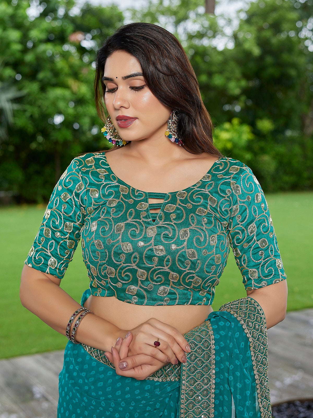 Dwija Fashion Turquoise Blue Party Wear Embroidered Georgette Saree With Unstitched Blouse