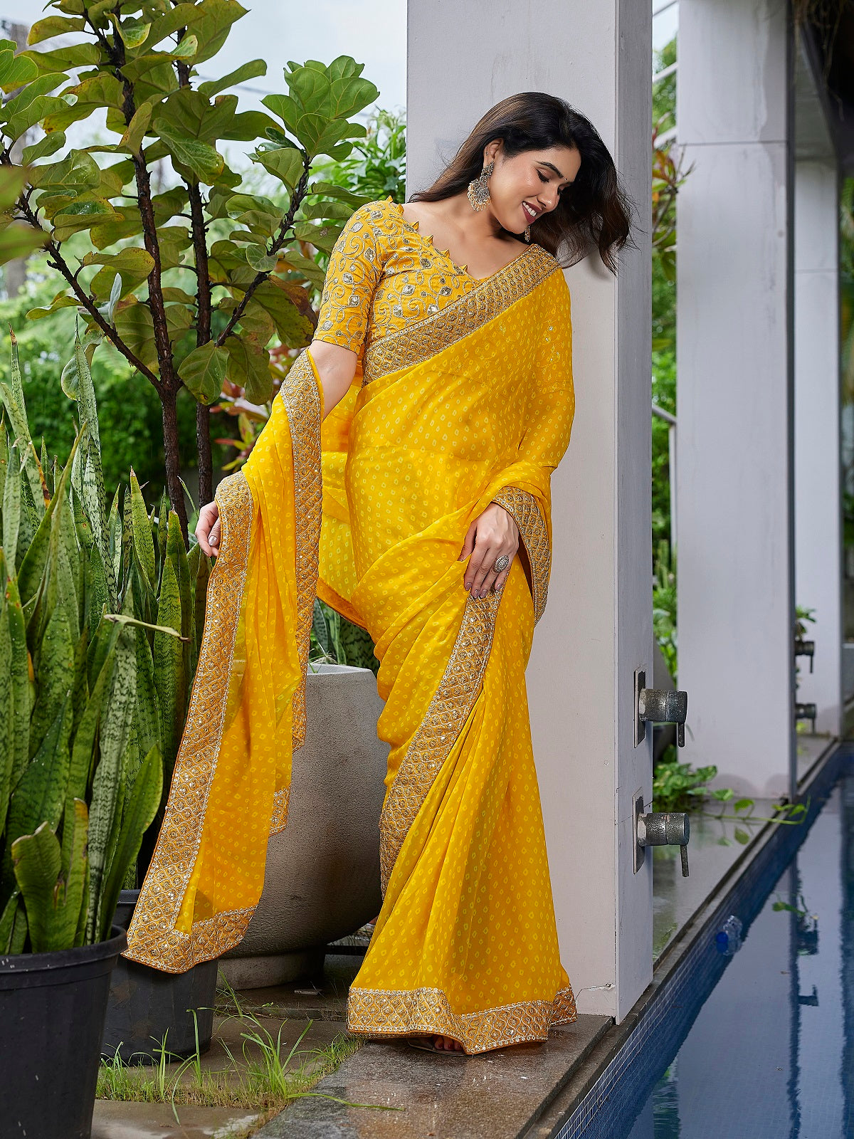 Dwija Fashion Yellow Party Wear Embroidered Georgette Saree With Unstitched Blouse