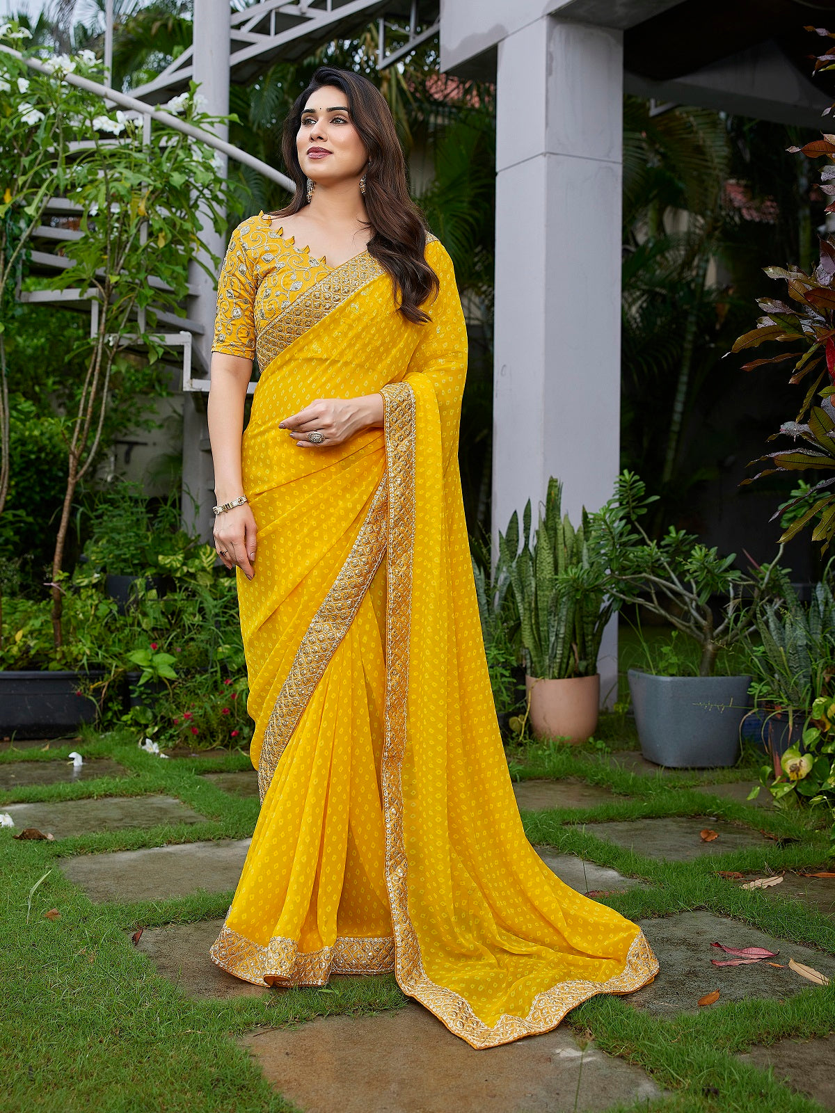 Dwija Fashion Yellow Party Wear Embroidered Georgette Saree With Unstitched Blouse