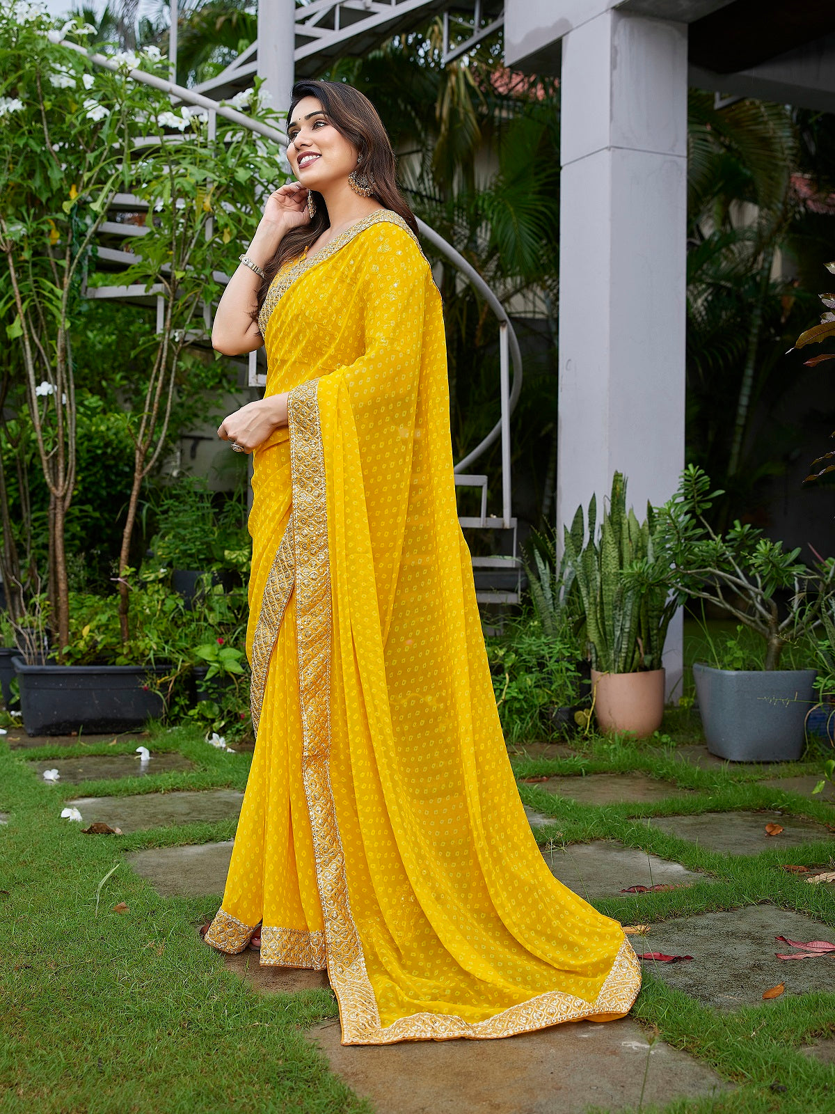 Dwija Fashion Yellow Party Wear Embroidered Georgette Saree With Unstitched Blouse