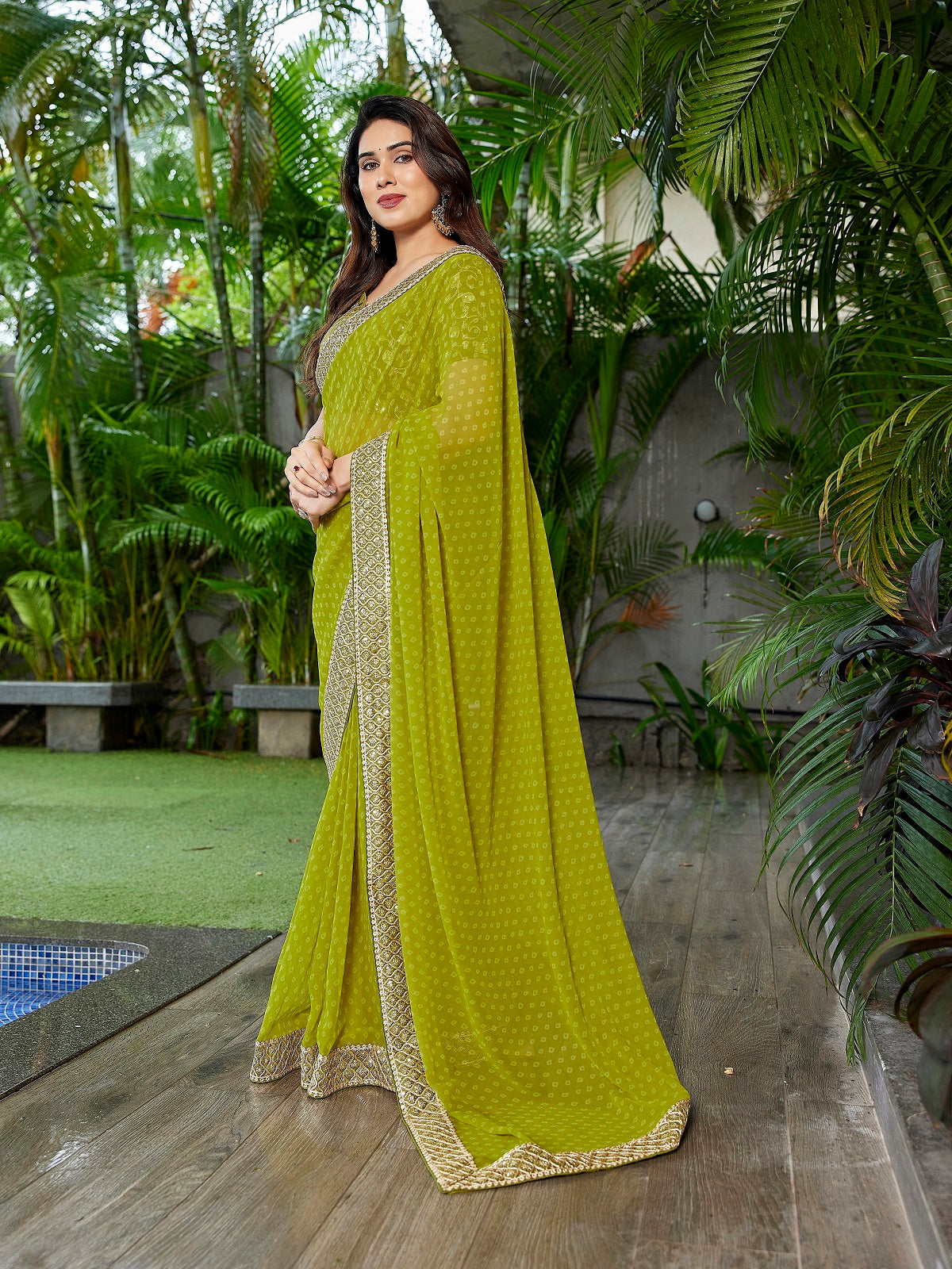 Dwija Fashion Green Party Wear Embroidered Georgette Saree With Unstitched Blouse