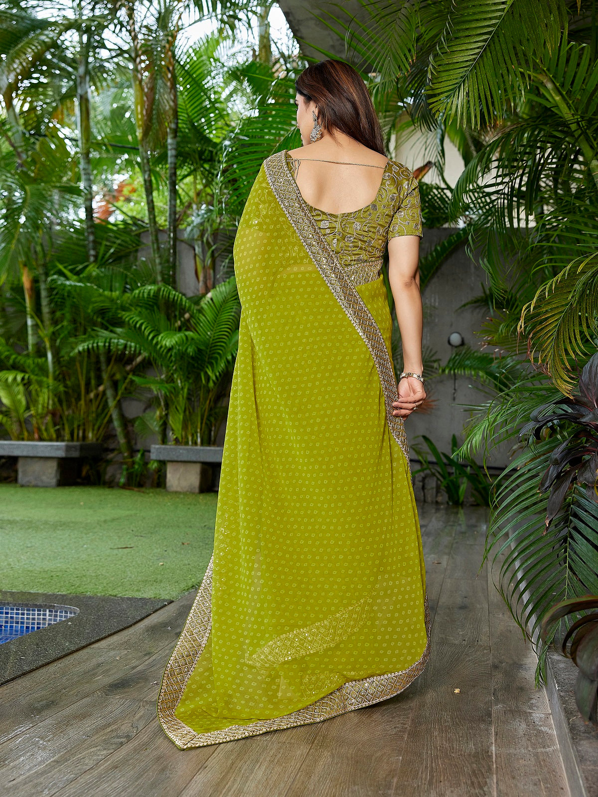 Dwija Fashion Green Party Wear Embroidered Georgette Saree With Unstitched Blouse