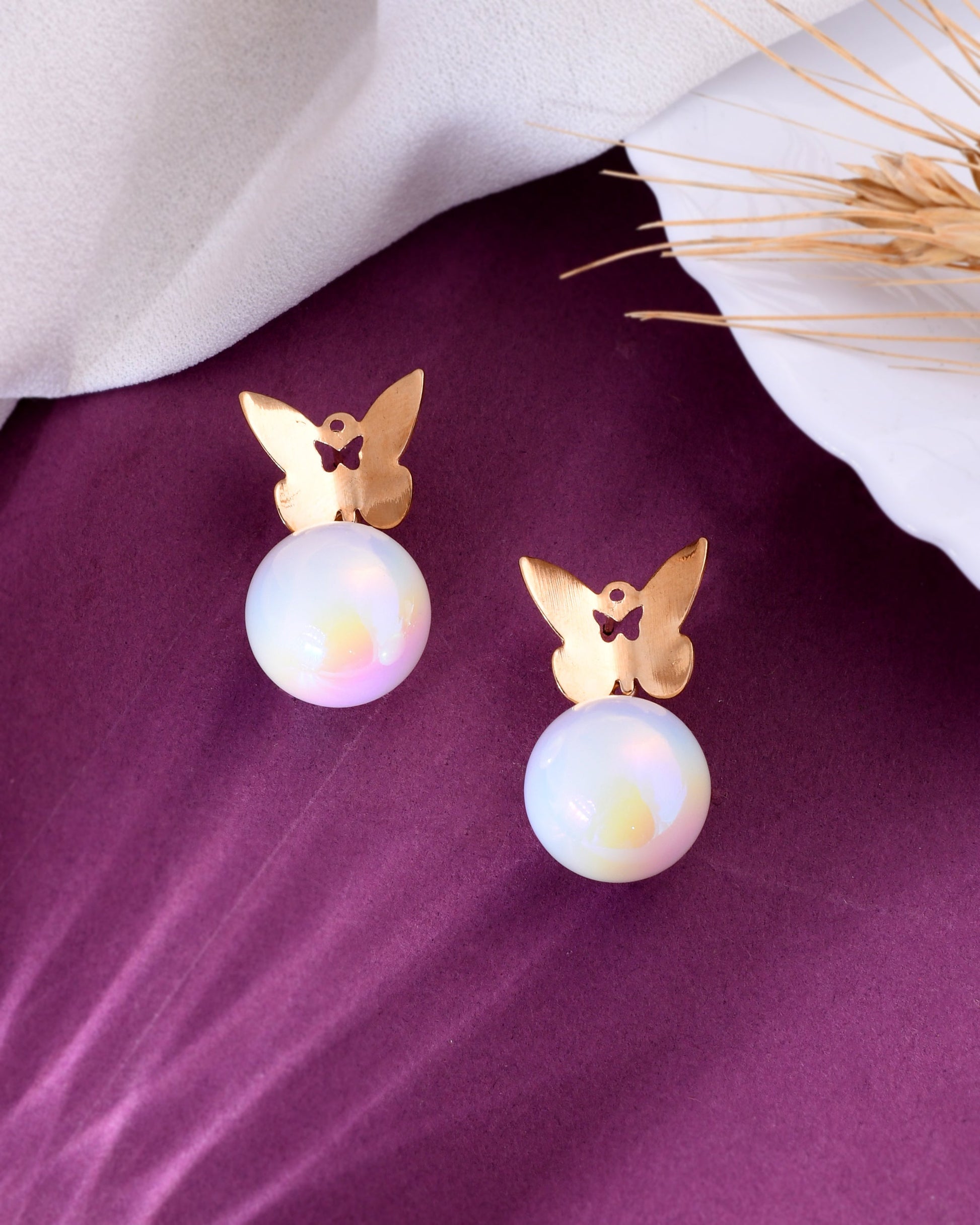 VOJ Women Gold Plated Butterfly Pearl Studs Earrings - Grab2buy