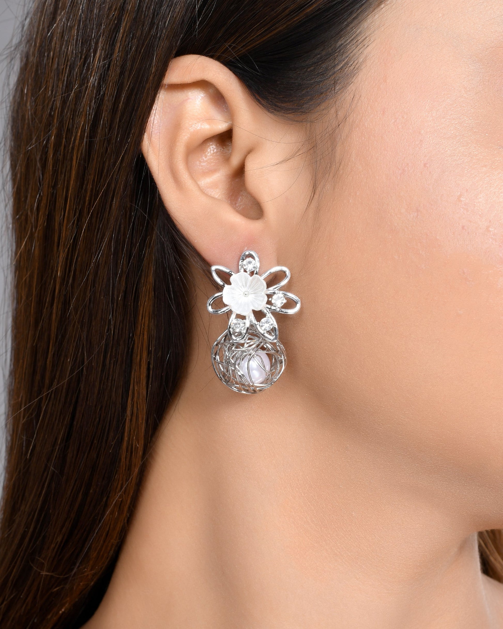 VOJ Women Silver Plated Flower Peral Studs Earrings - Grab2buy