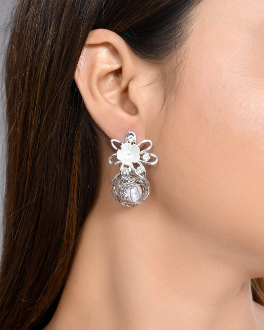 VOJ Women Silver Plated Flower Peral Studs Earrings - Grab2buy